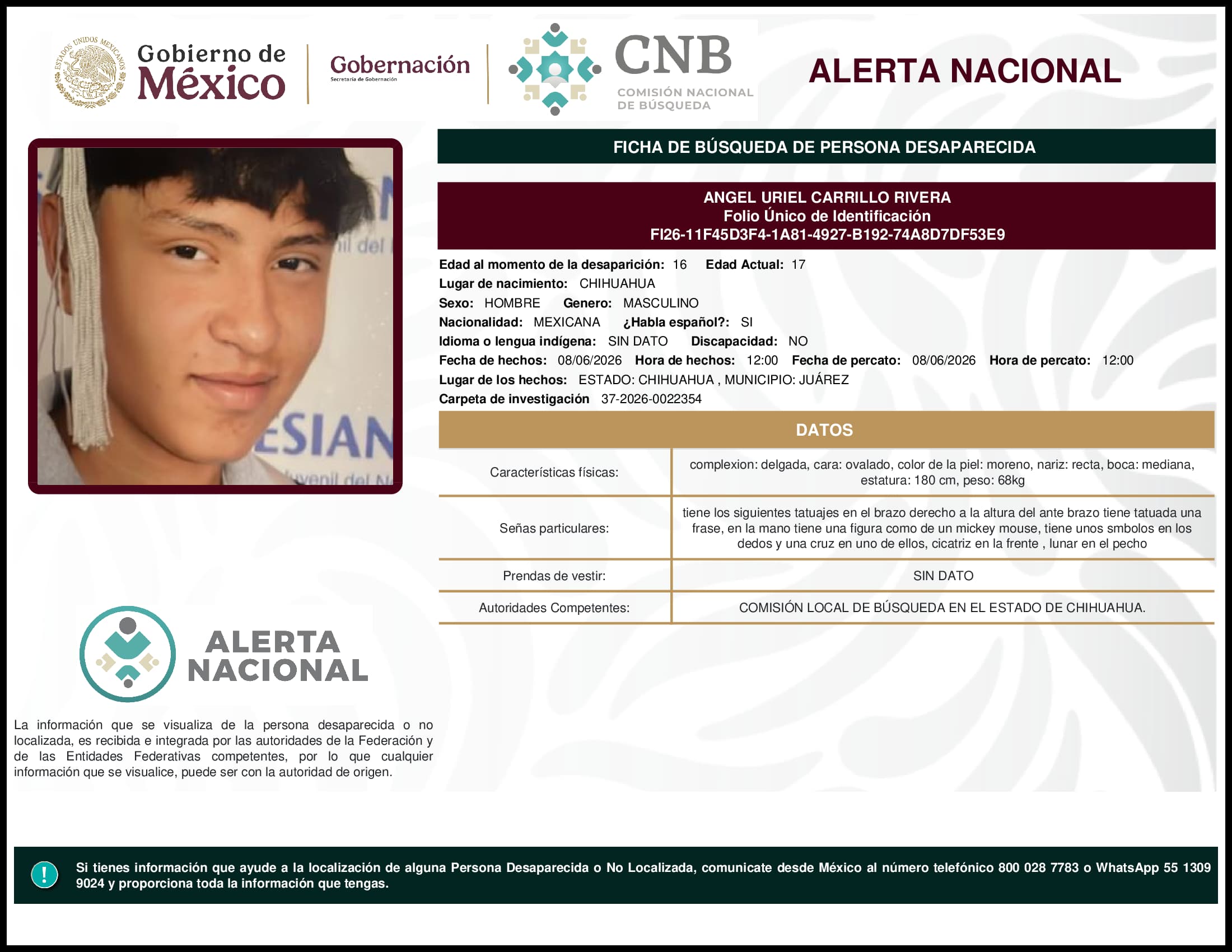 Persona desaparecida Angel Uriel Carrillo Rivera