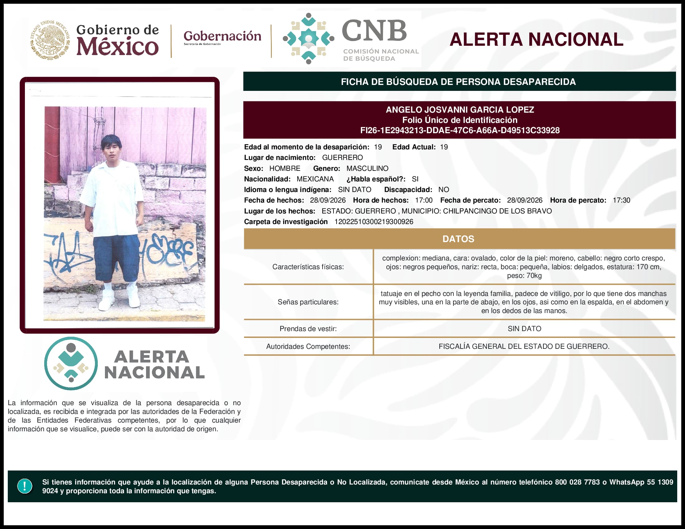 Persona desaparecida Angelo Josvanni Garcia Lopez