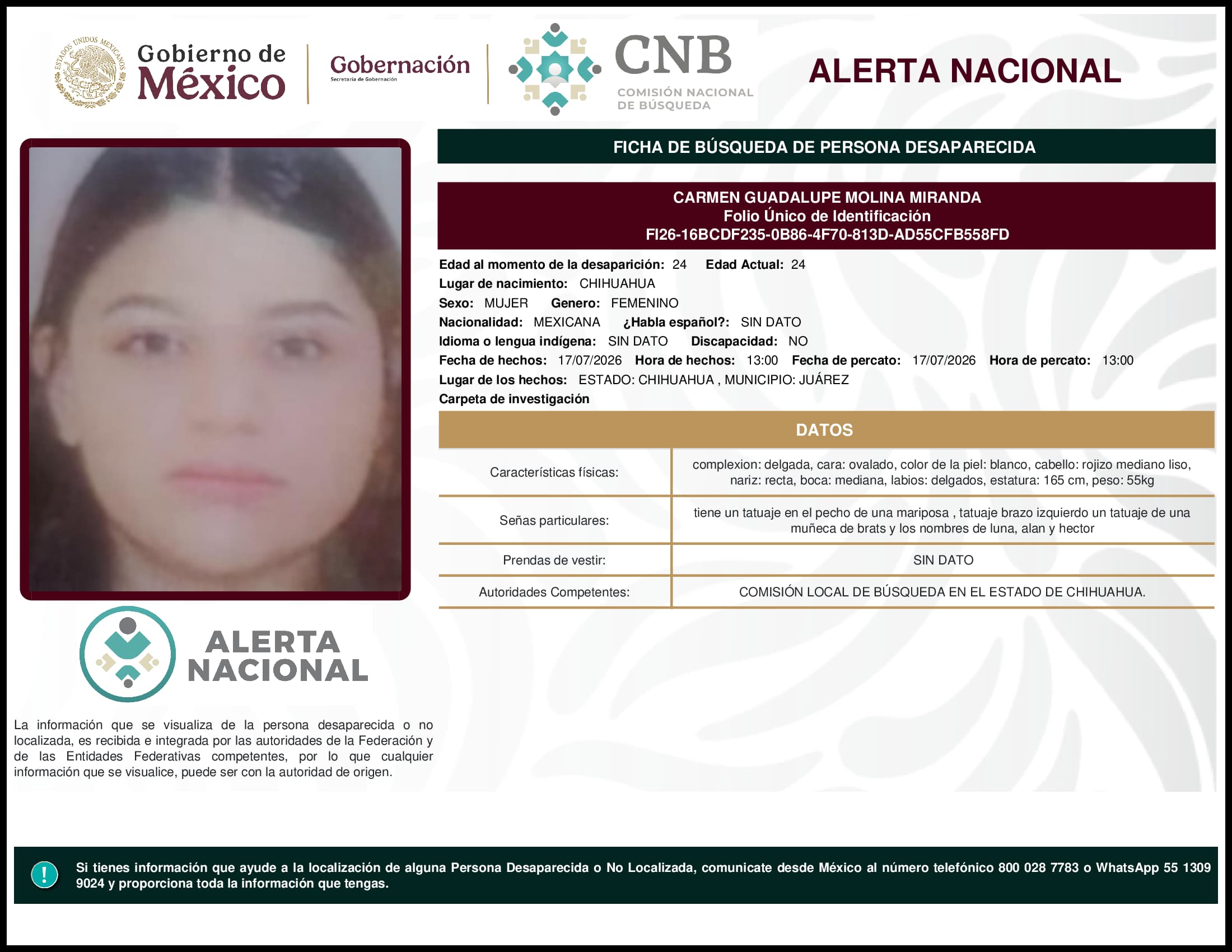 Persona desaparecida Carmen Guadalupe Molina Miranda