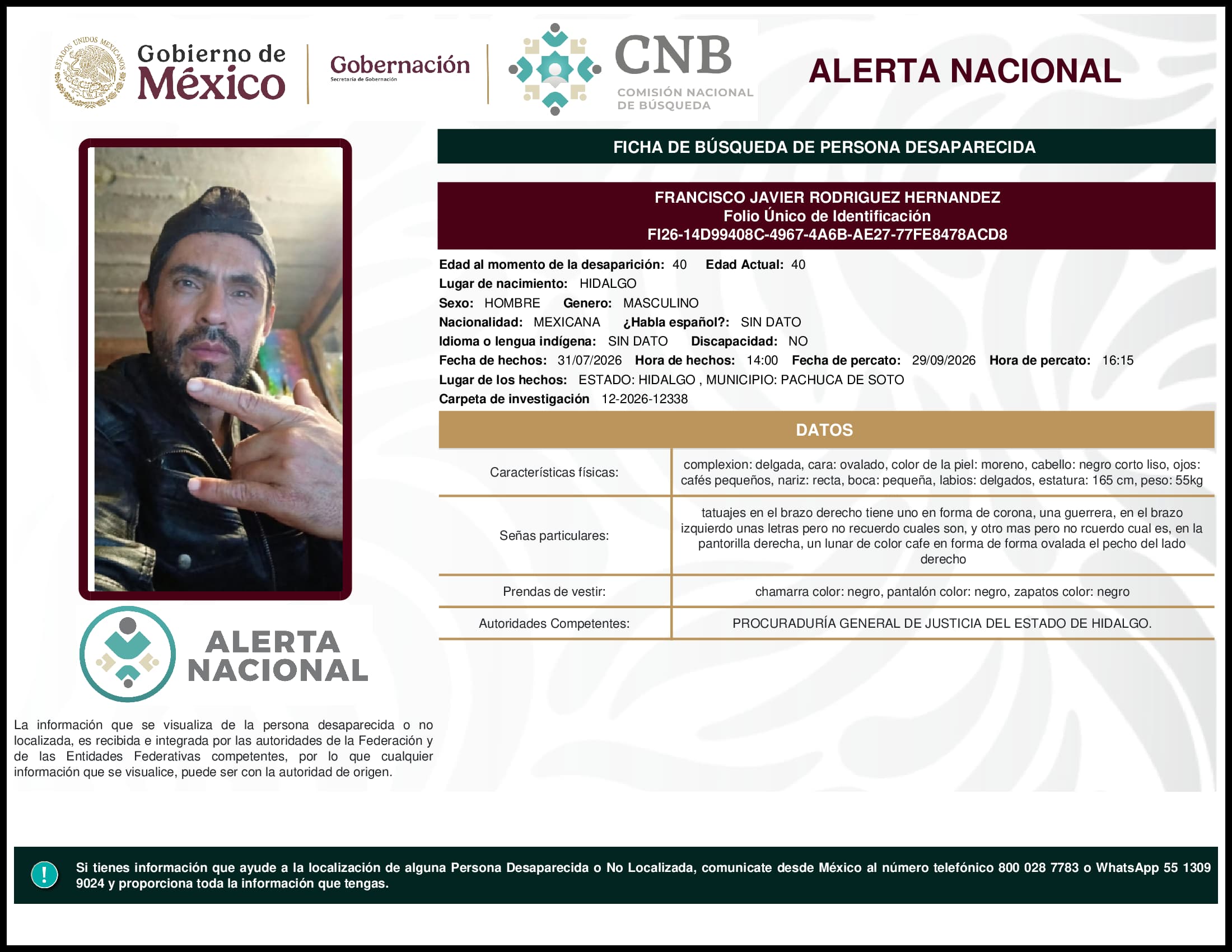 Persona desaparecida Francisco Javier Rodriguez Hernandez