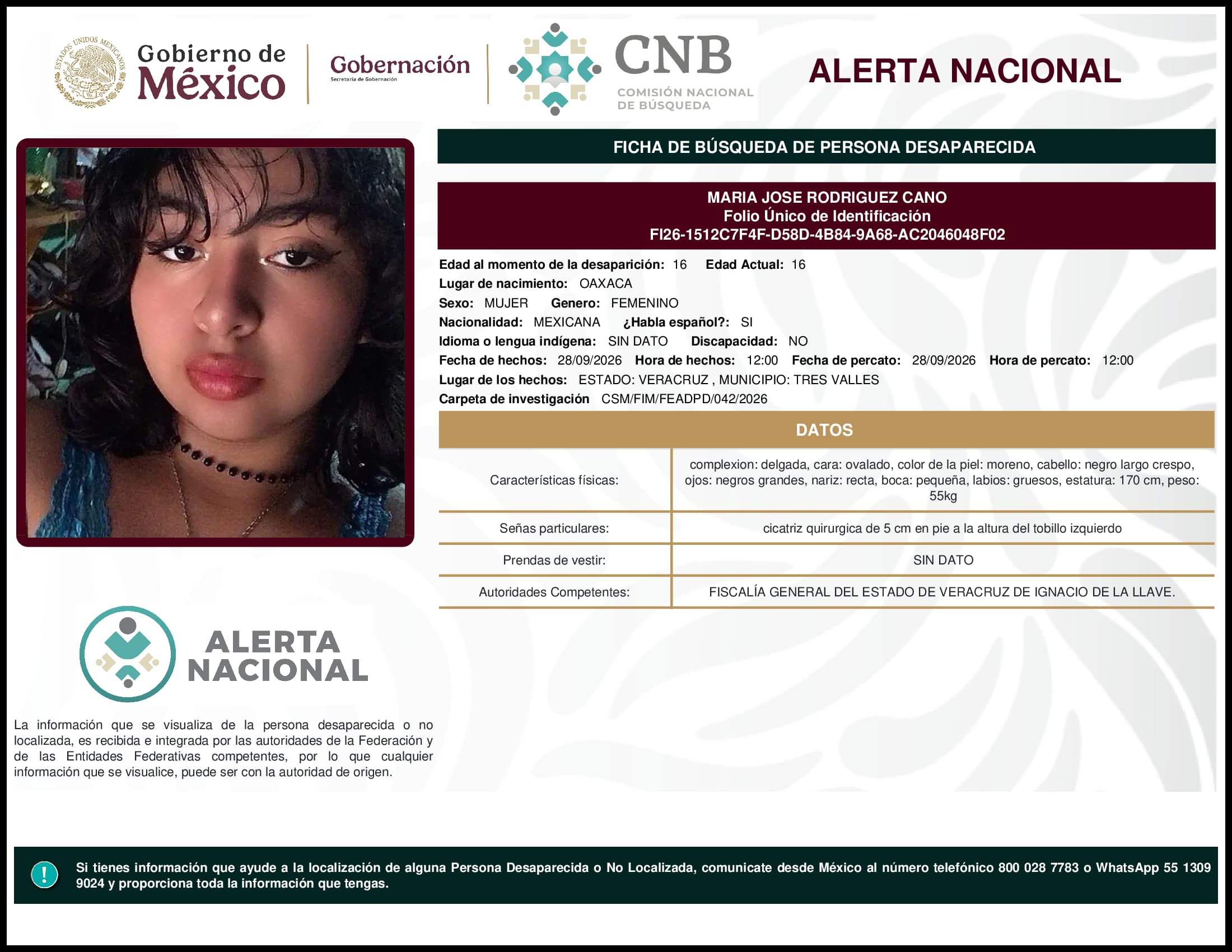 Persona desaparecida Maria Jose Rodriguez Cano