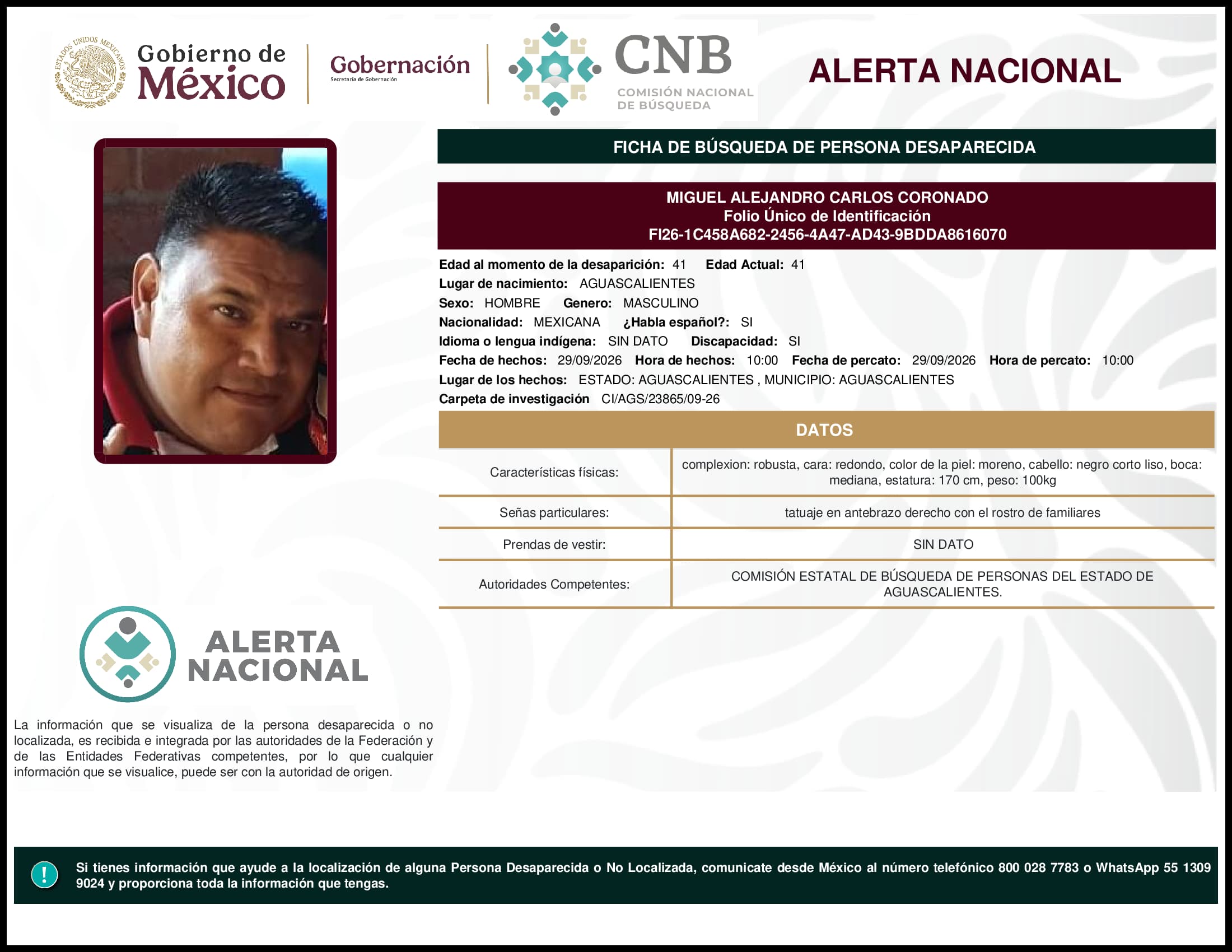 Persona desaparecida Miguel Alejandro Carlos Coronado