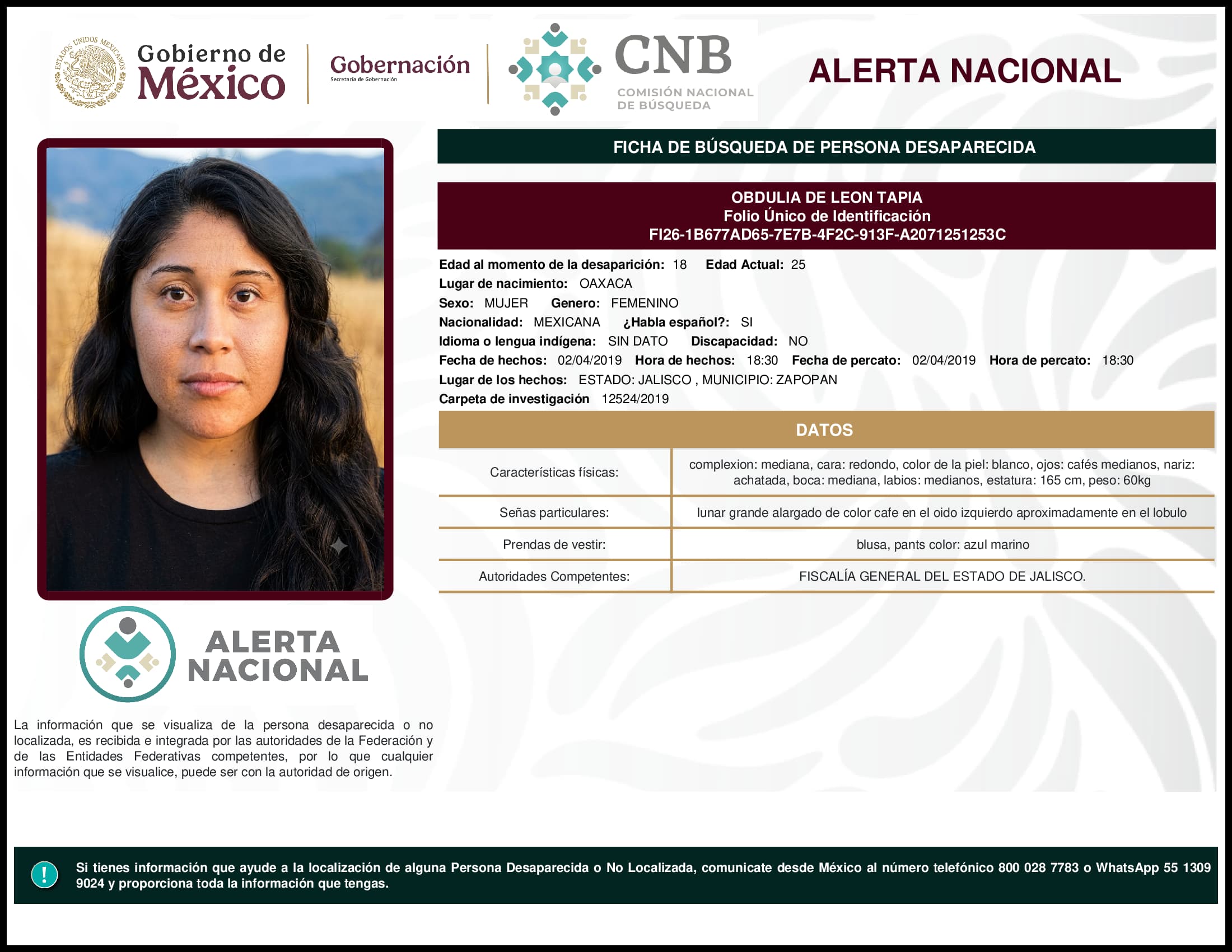 Persona desaparecida Obdulia De Leon Tapia