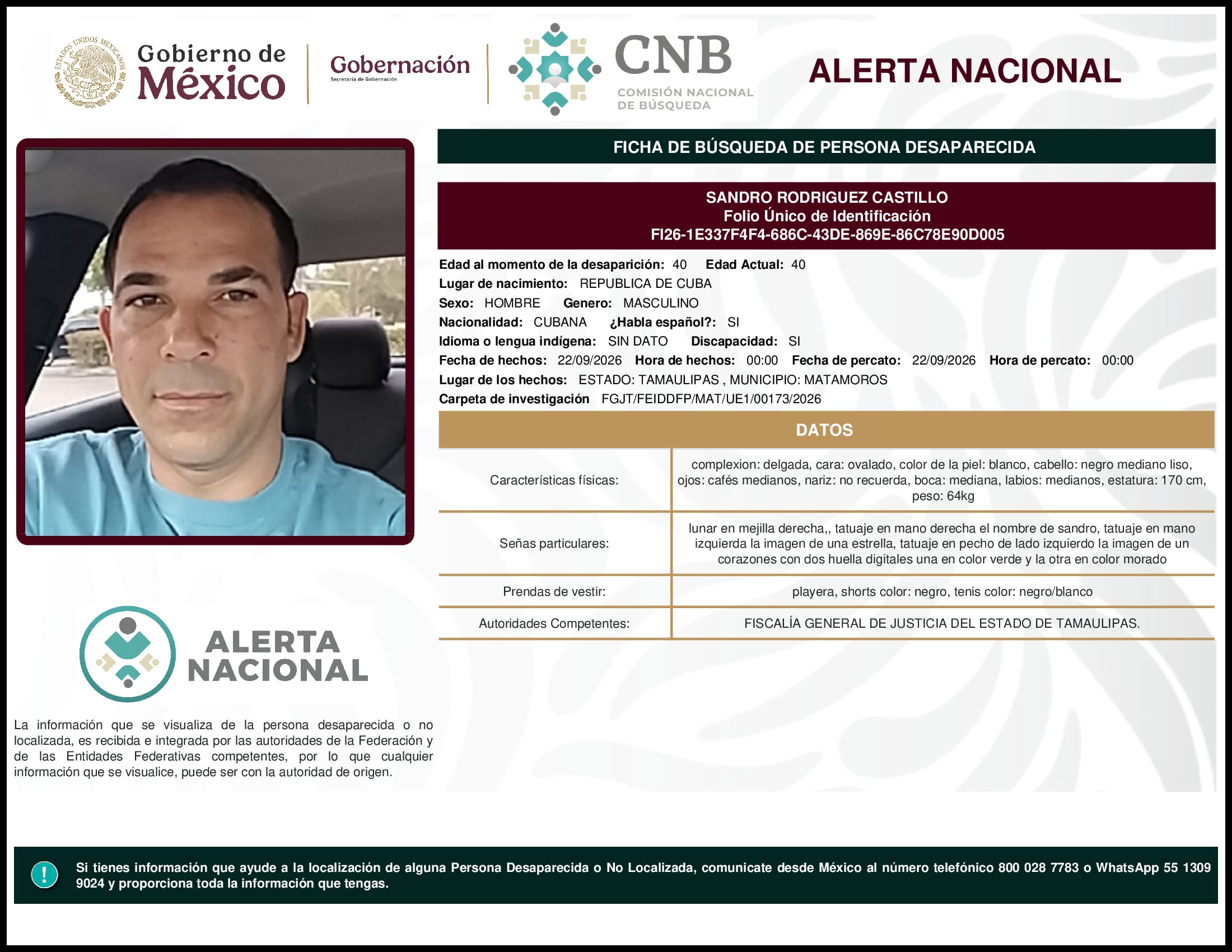 Persona desaparecida Sandro Rodriguez Castillo