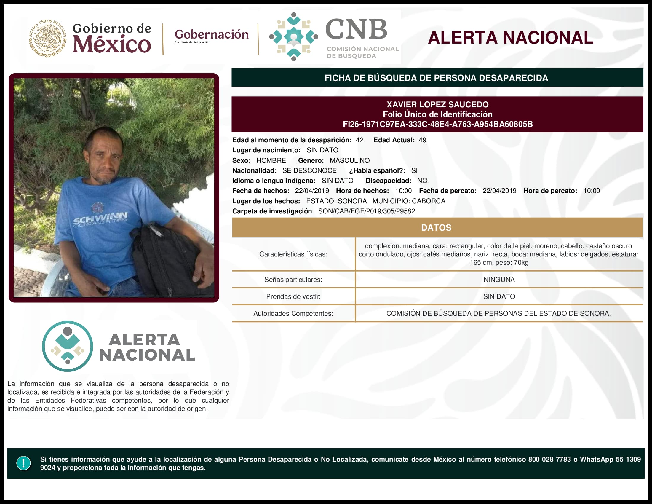 Persona desaparecida Xavier Lopez Saucedo