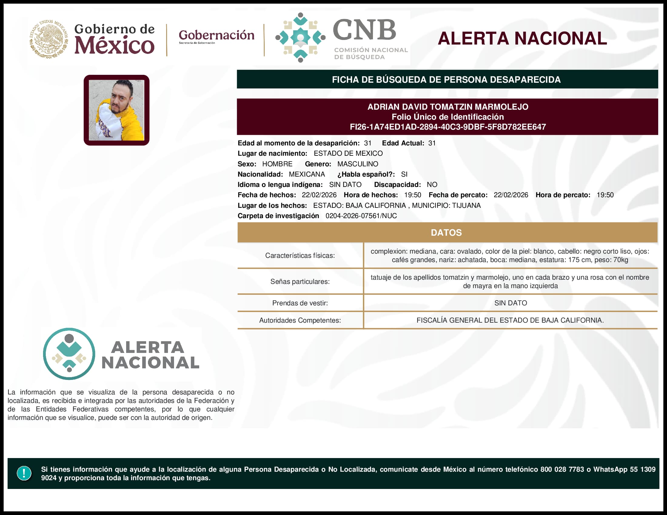 Persona desaparecida Adrian David Tomatzin Marmolejo