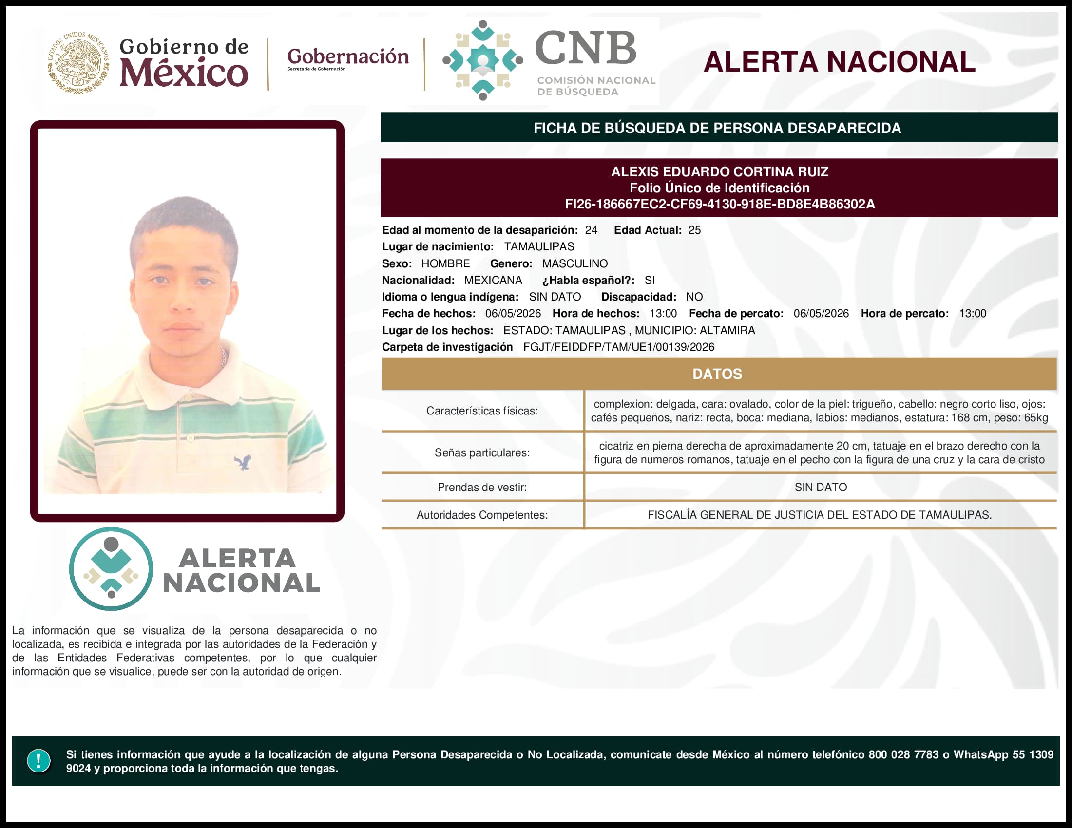 Persona desaparecida Alexis Eduardo Cortina Ruiz