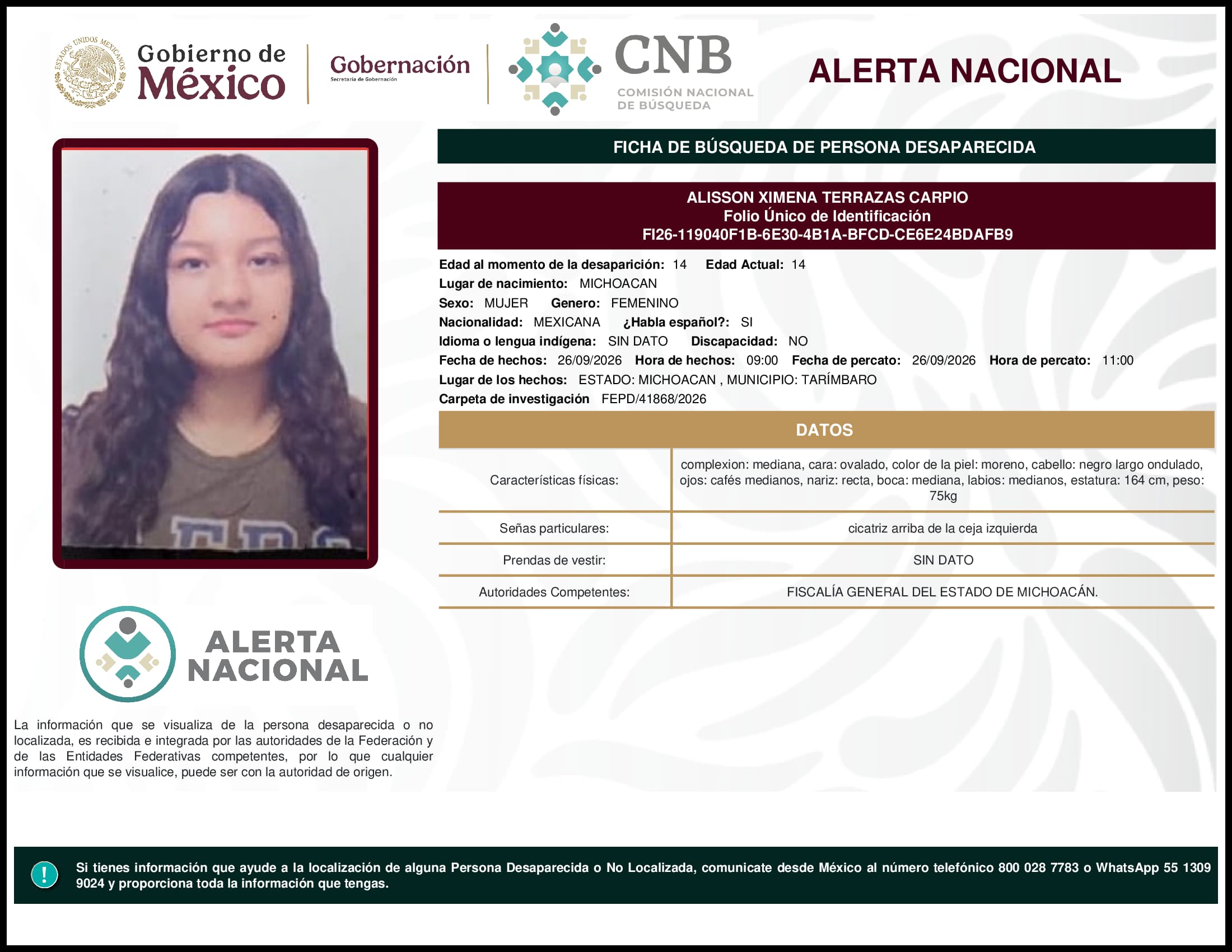 Persona desaparecida Alisson Ximena Terrazas Carpio