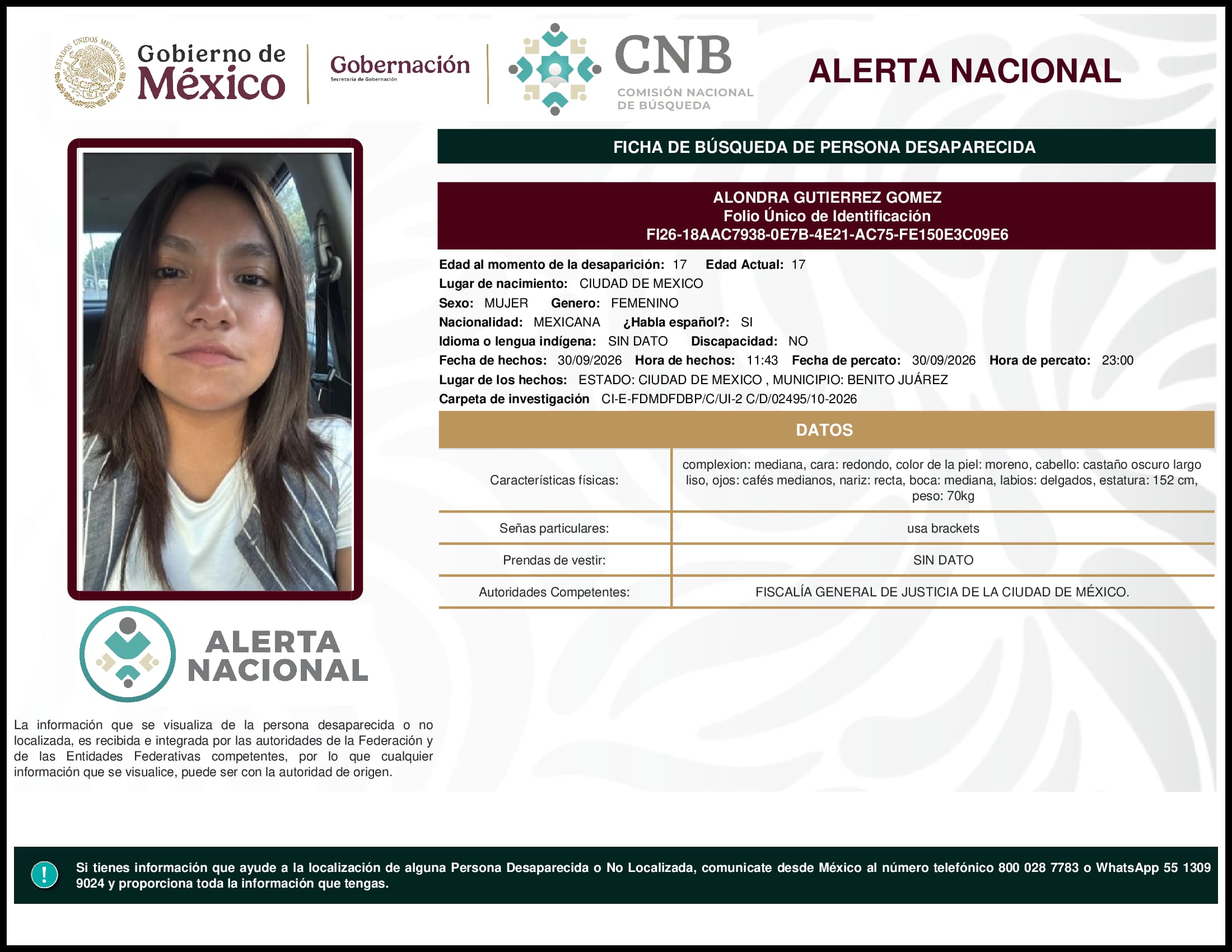 Persona desaparecida Alondra Gutierrez Gomez