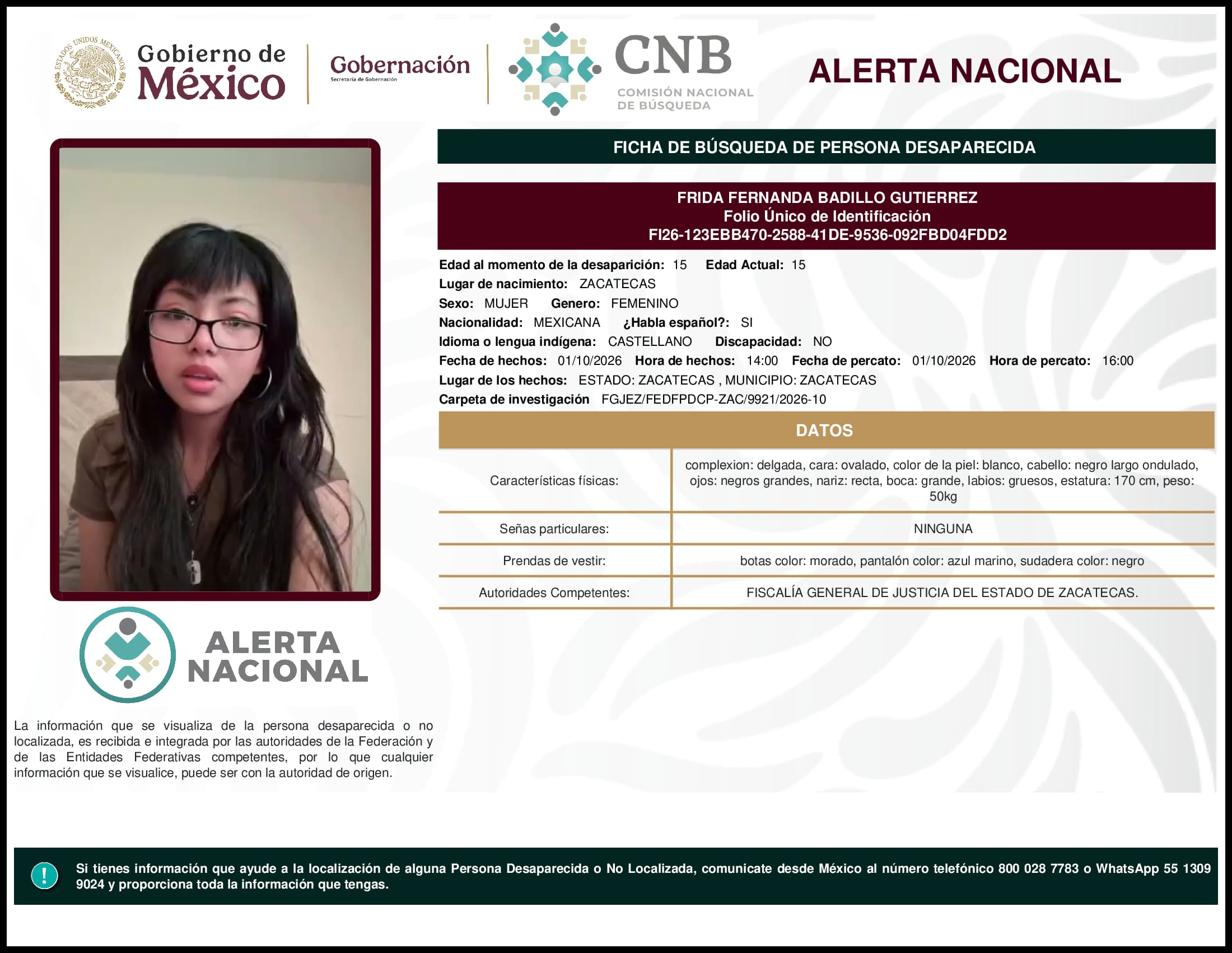 Persona desaparecida Frida Fernanda Badillo Gutierrez