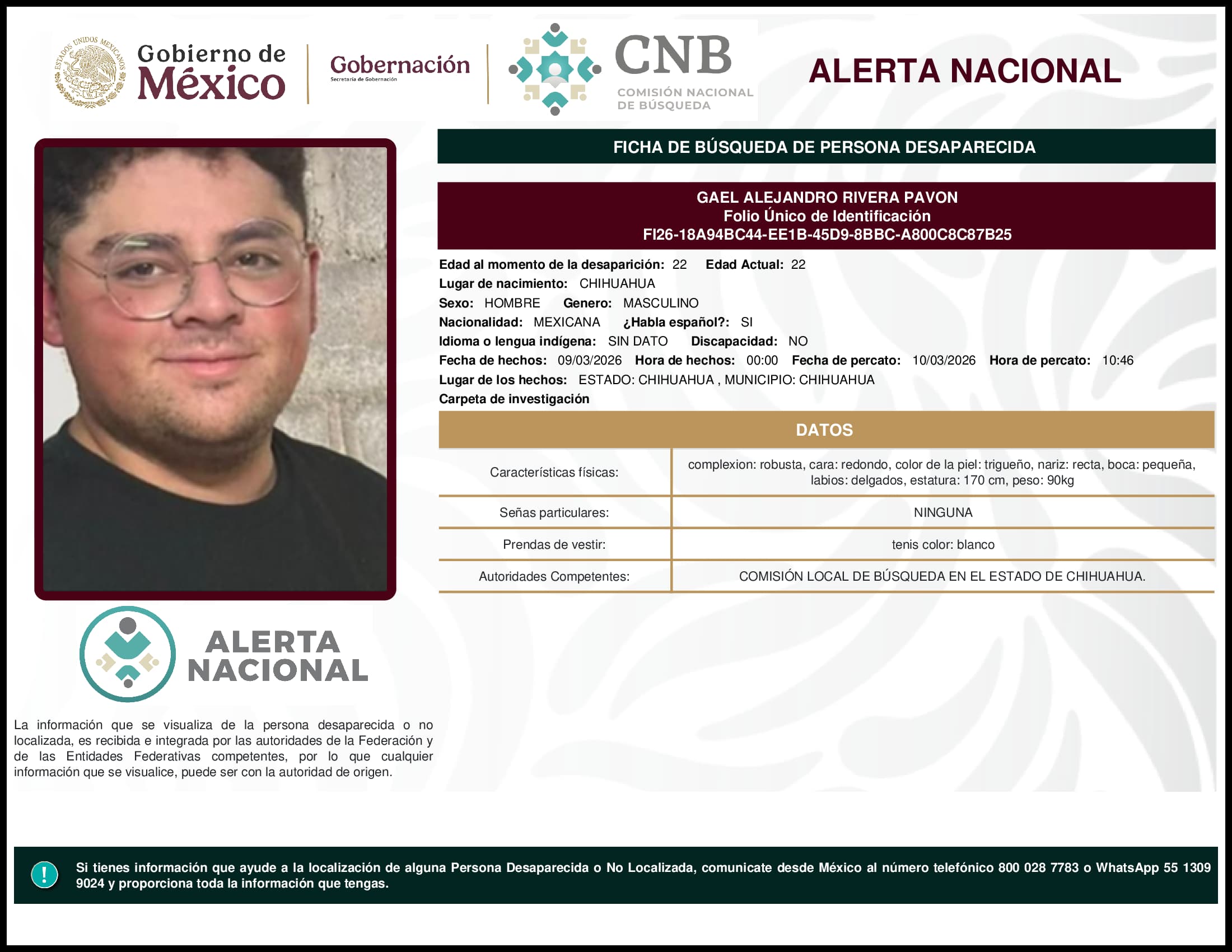 Persona desaparecida Gael Alejandro Rivera Pavon