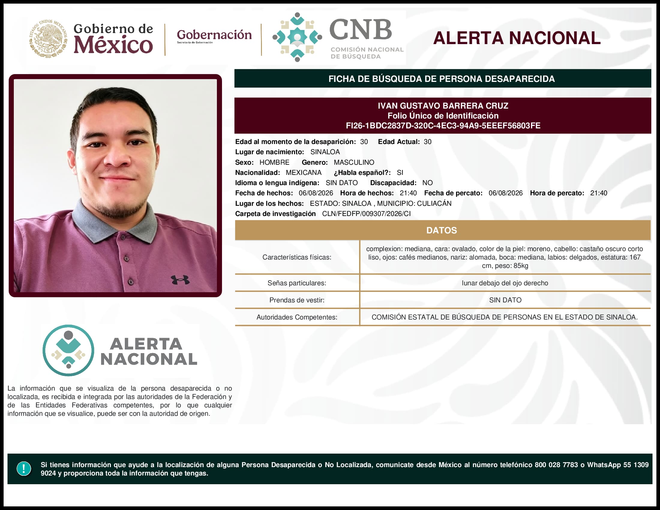 Persona desaparecida Ivan Gustavo Barrera Cruz