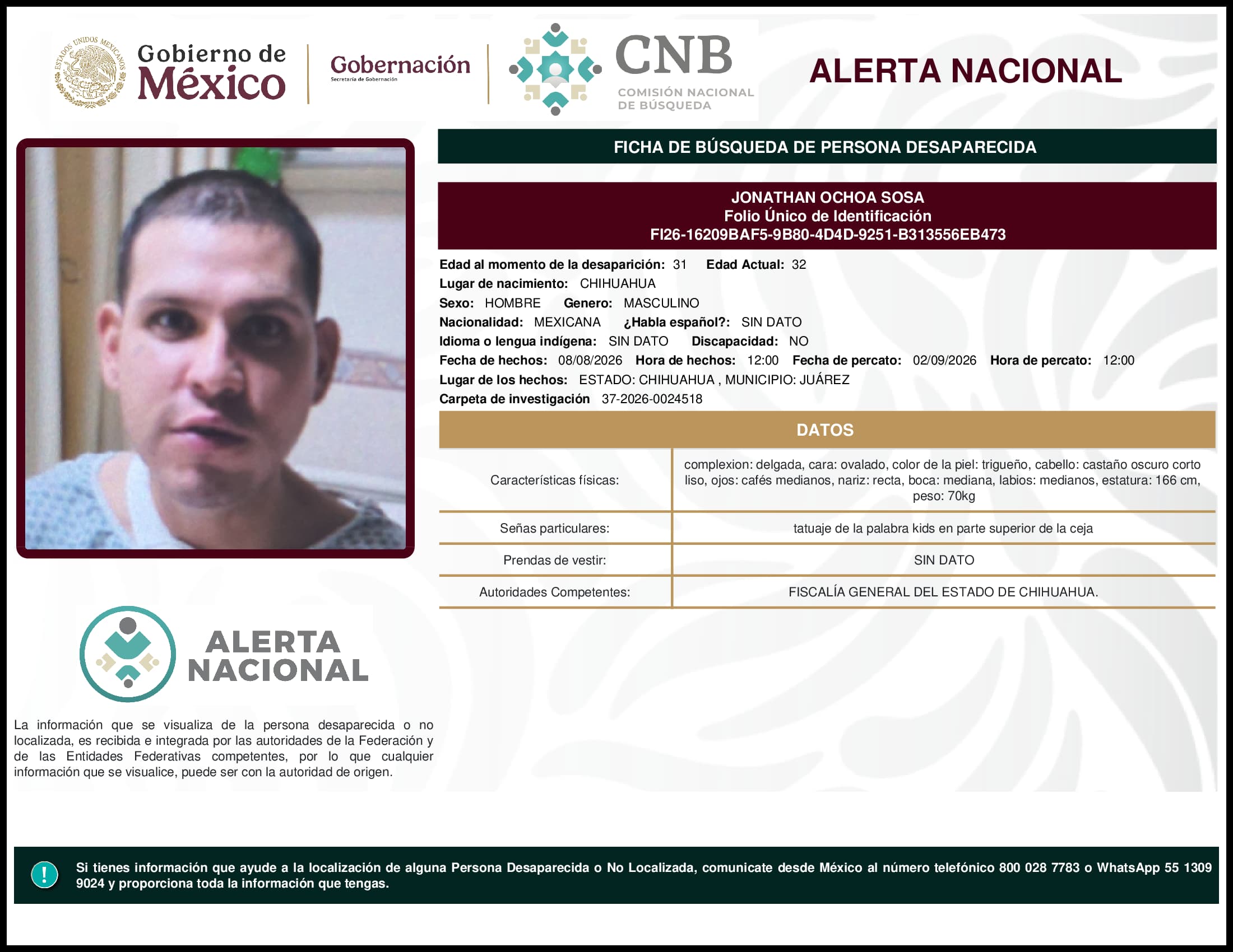 Persona desaparecida Jonathan Ochoa Sosa