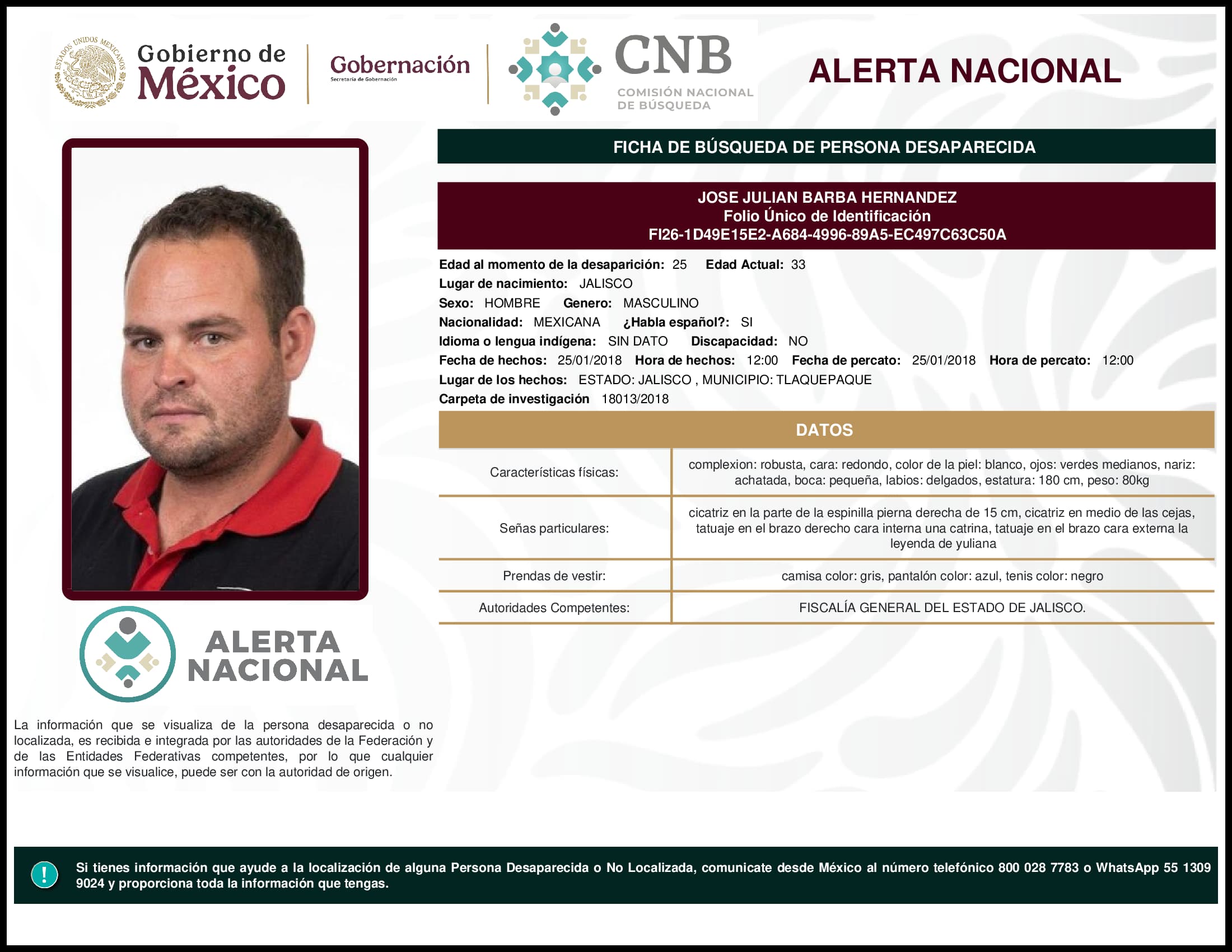 Persona desaparecida Jose Julian Barba Hernandez
