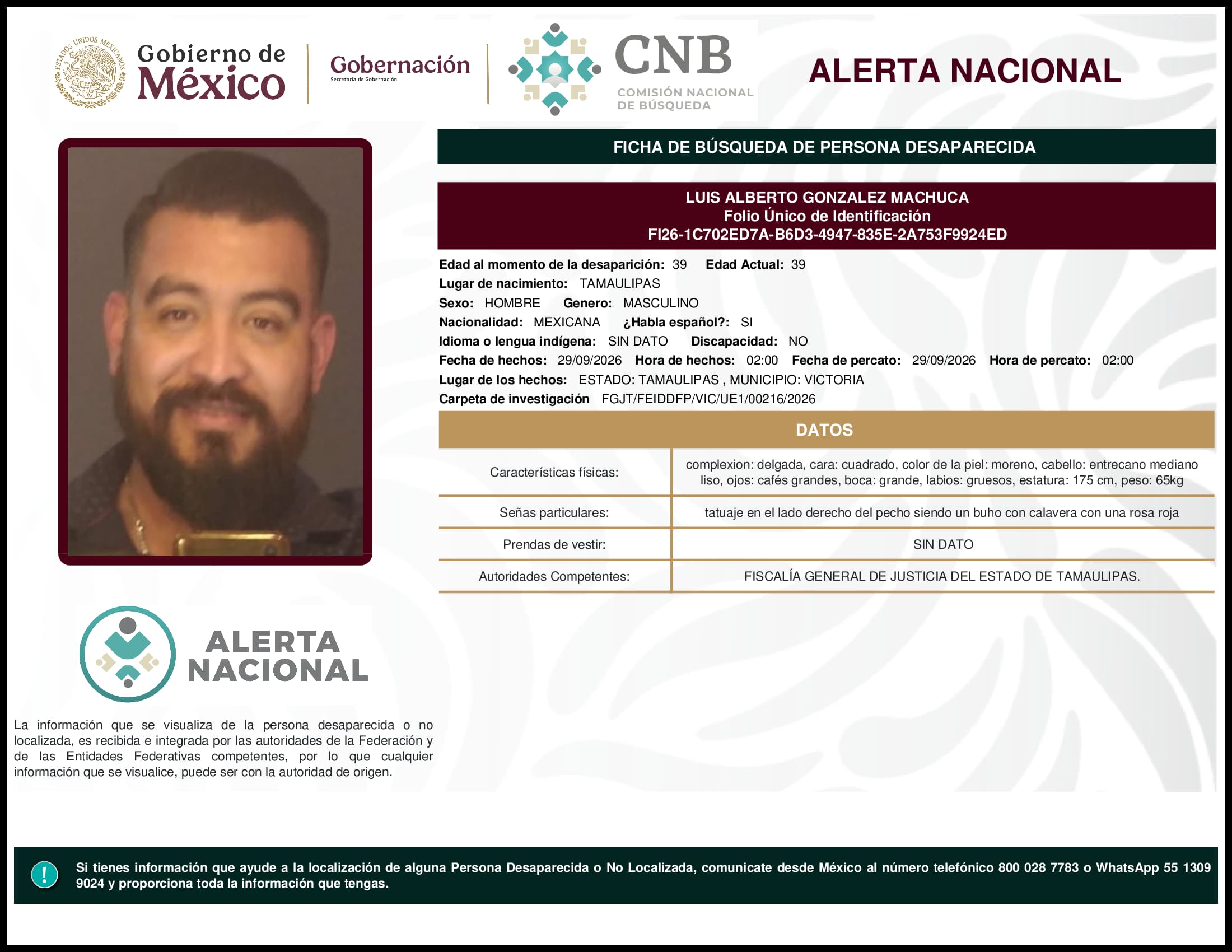 Persona desaparecida Luis Alberto Gonzalez Machuca