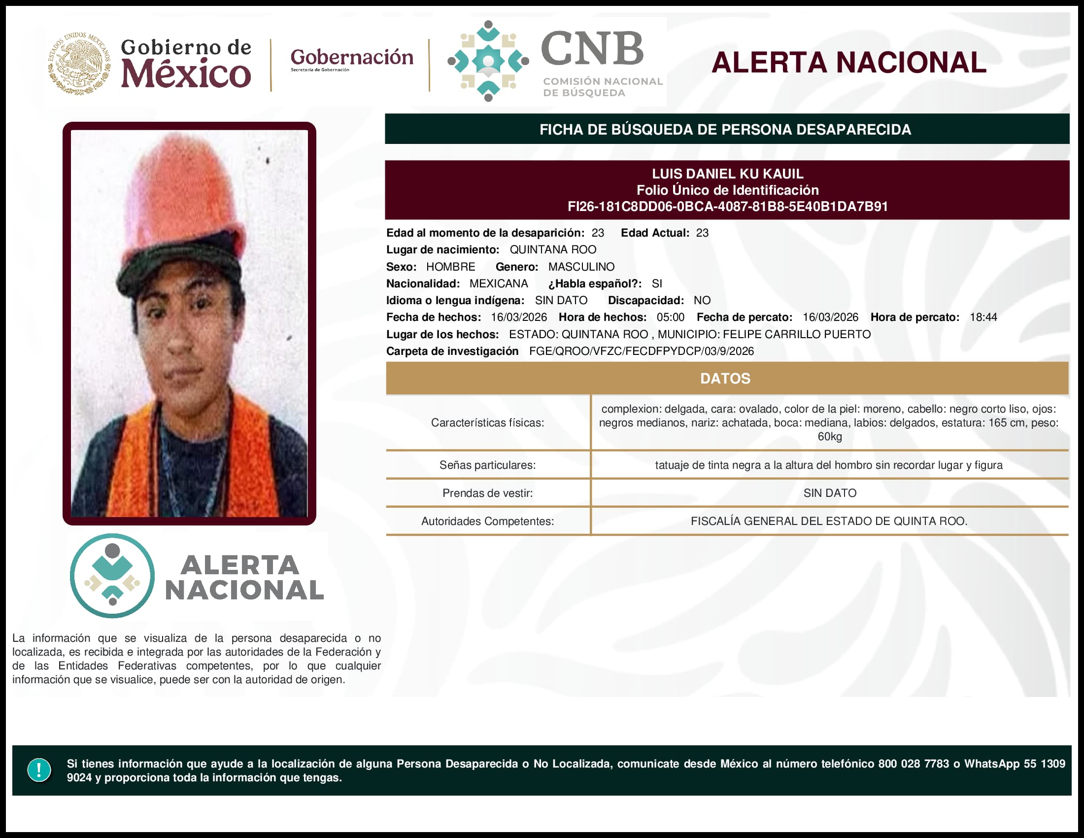 Persona desaparecida Luis Daniel Ku Kauil