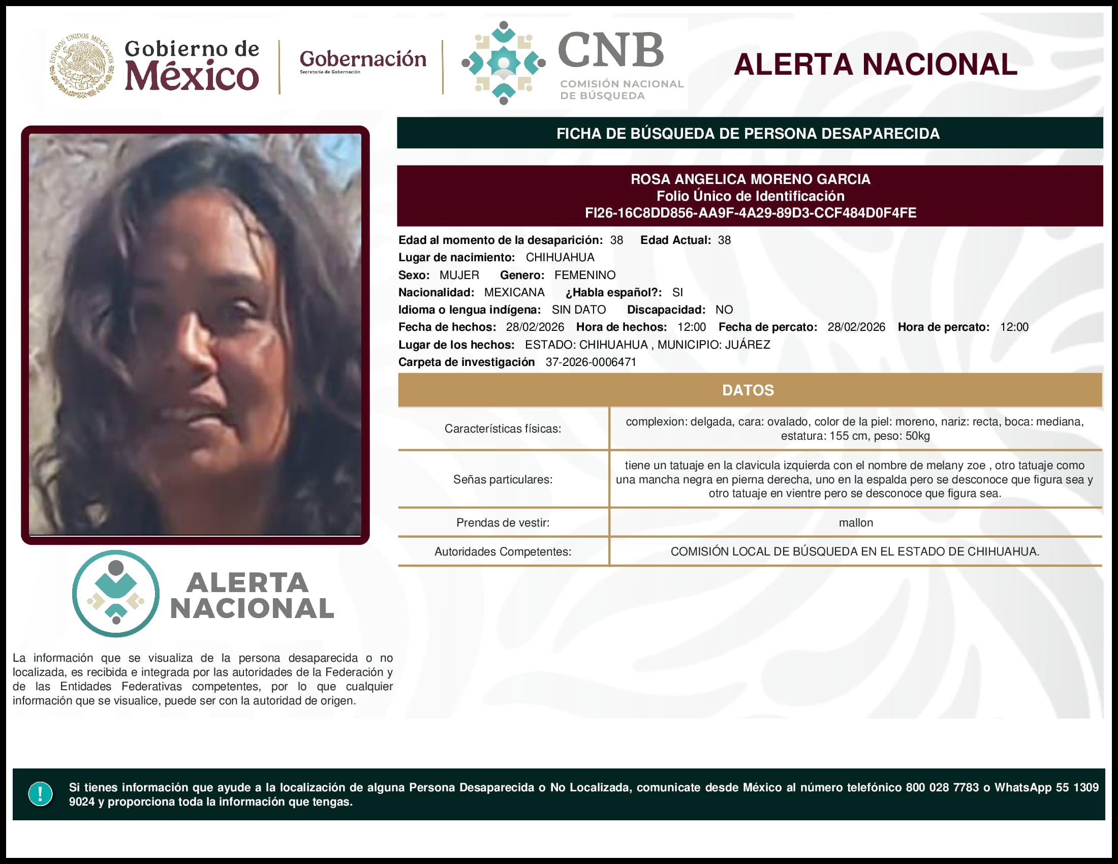 Persona desaparecida Rosa Angelica Moreno Garcia