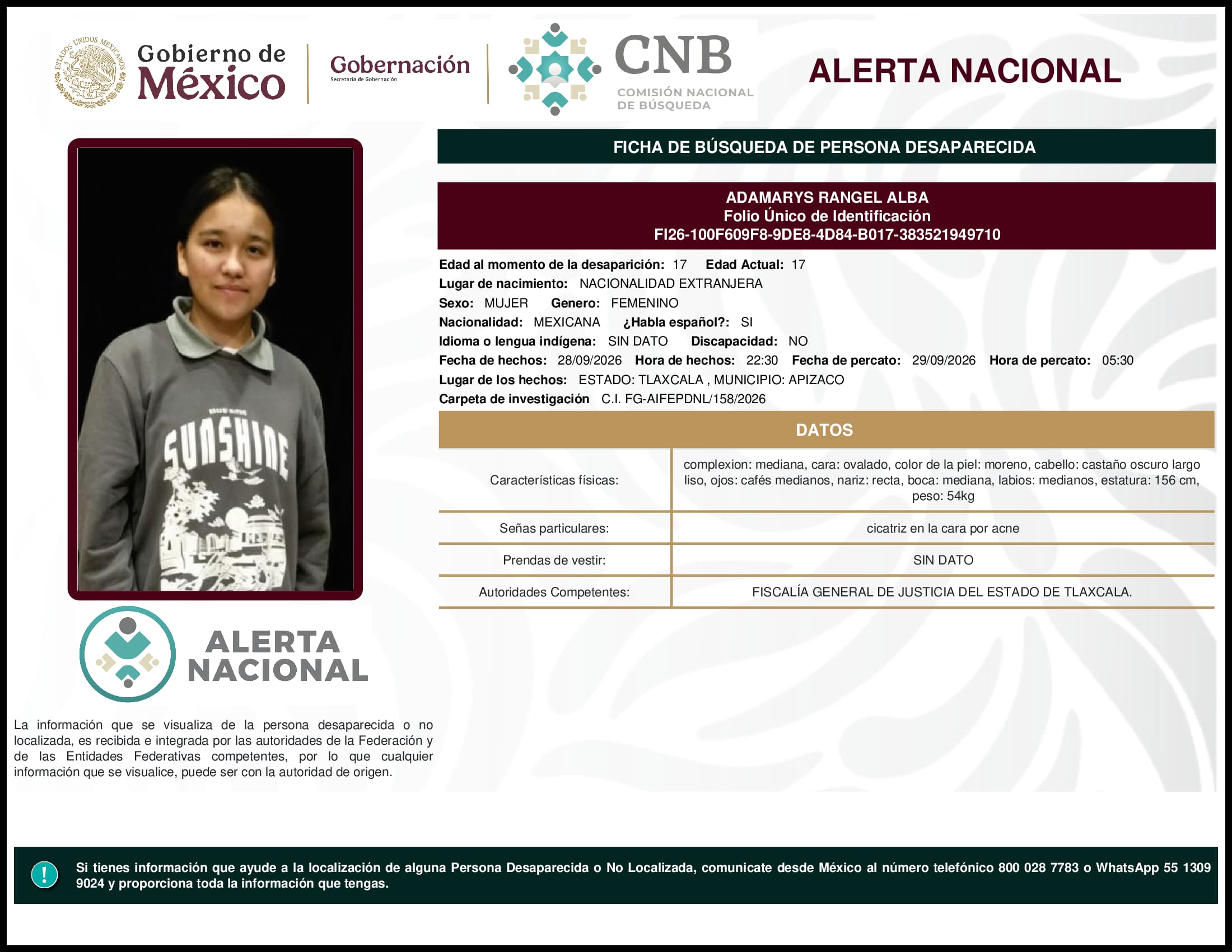 Persona desaparecida Adamarys Rangel Alba