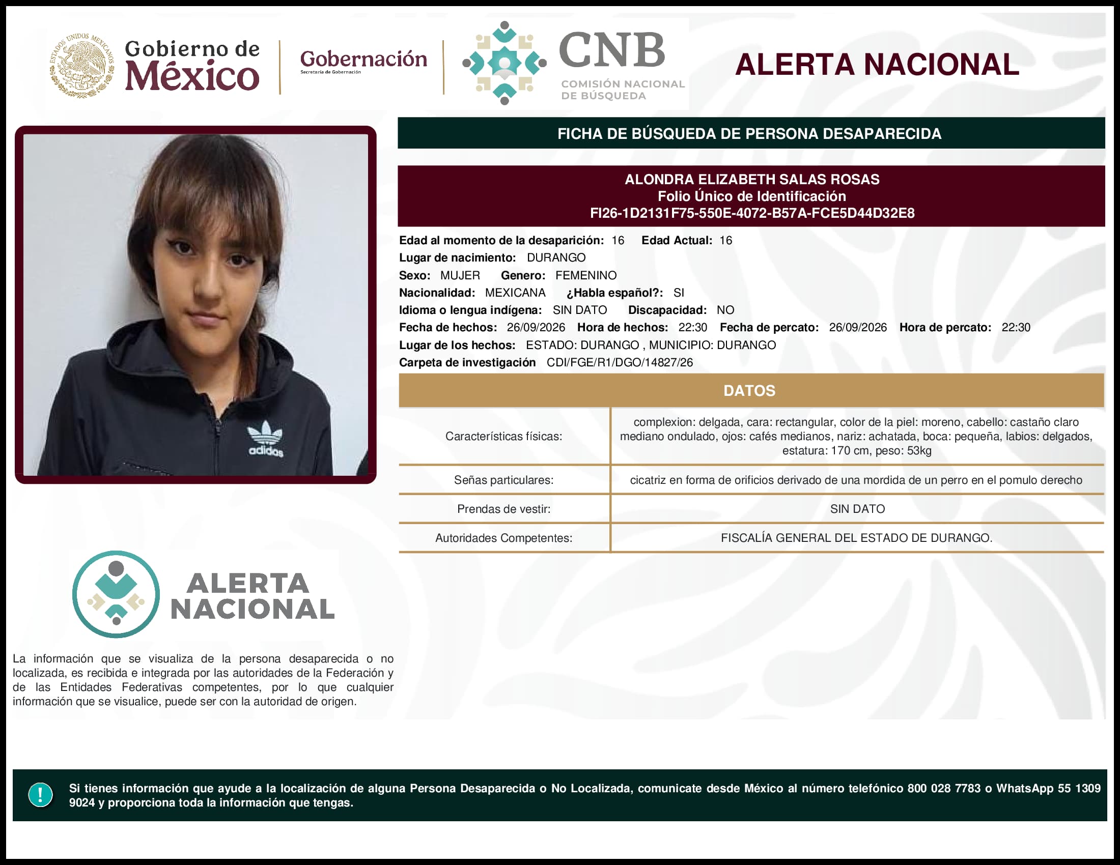 Persona desaparecida Alondra Elizabeth Salas Rosas