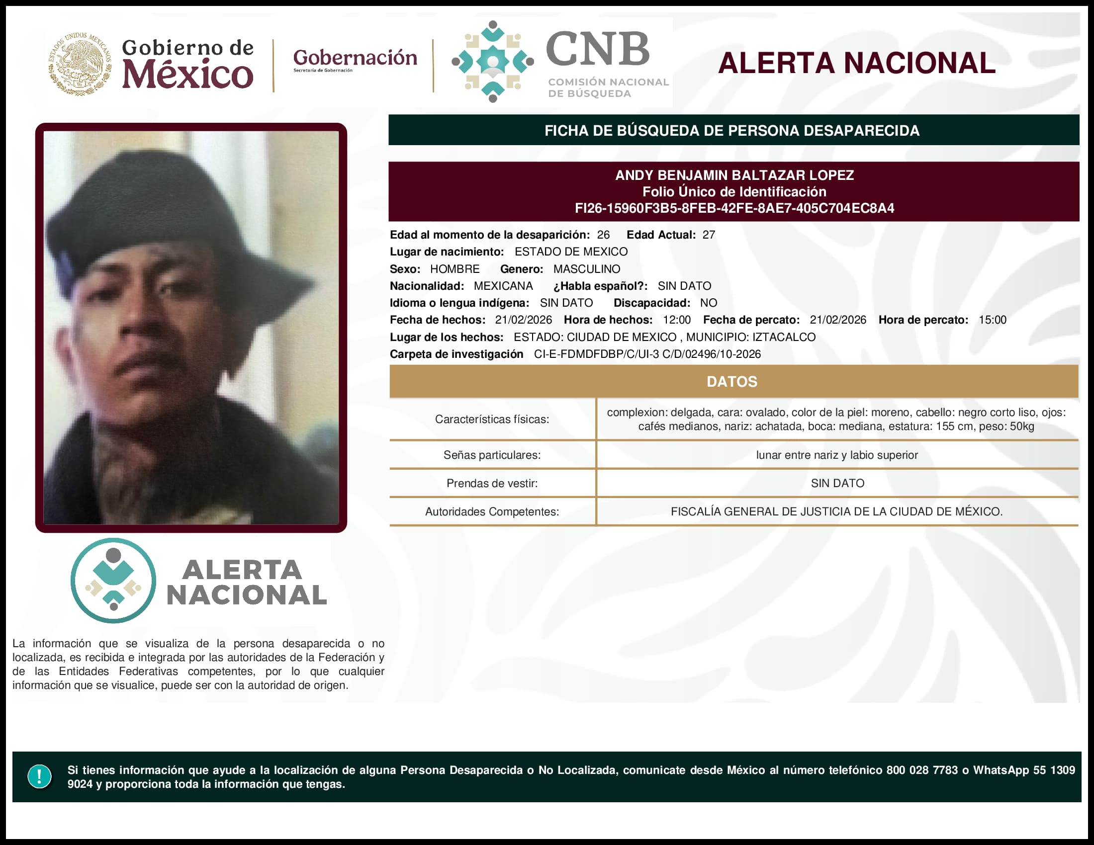 Persona desaparecida Andy Benjamin Baltazar Lopez