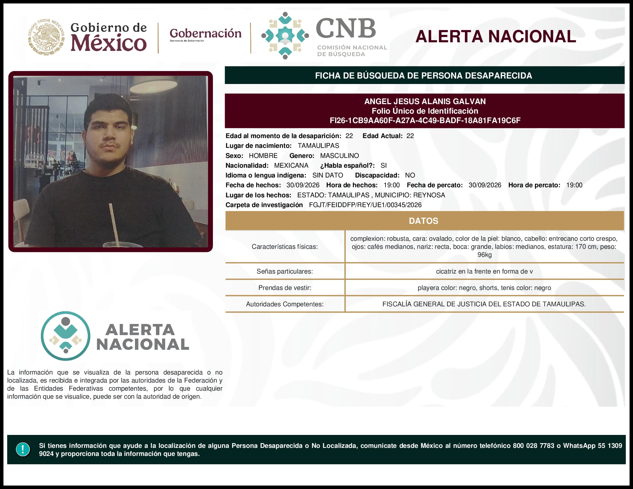 Persona desaparecida Angel Jesus Alanis Galvan