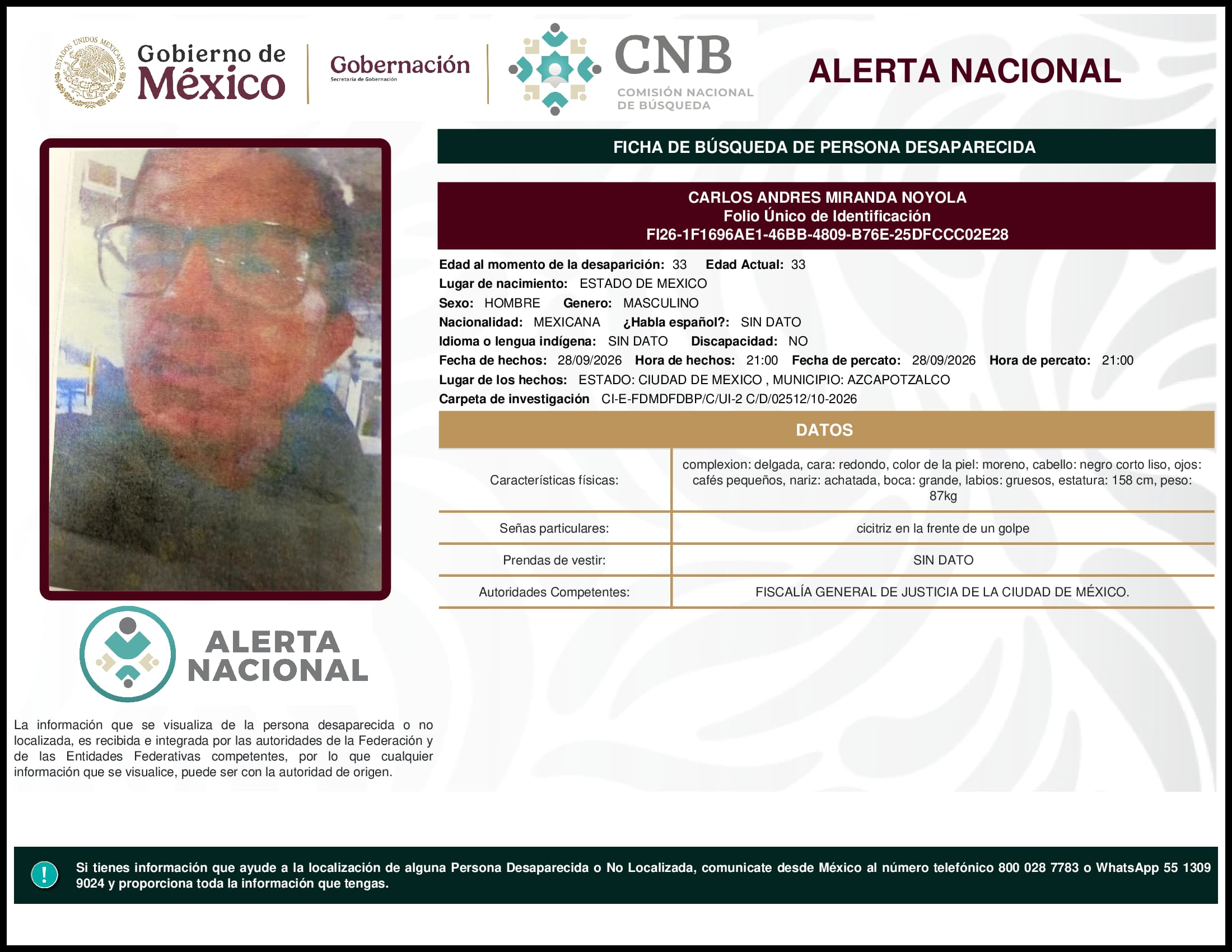 Persona desaparecida Carlos Andres Miranda Noyola