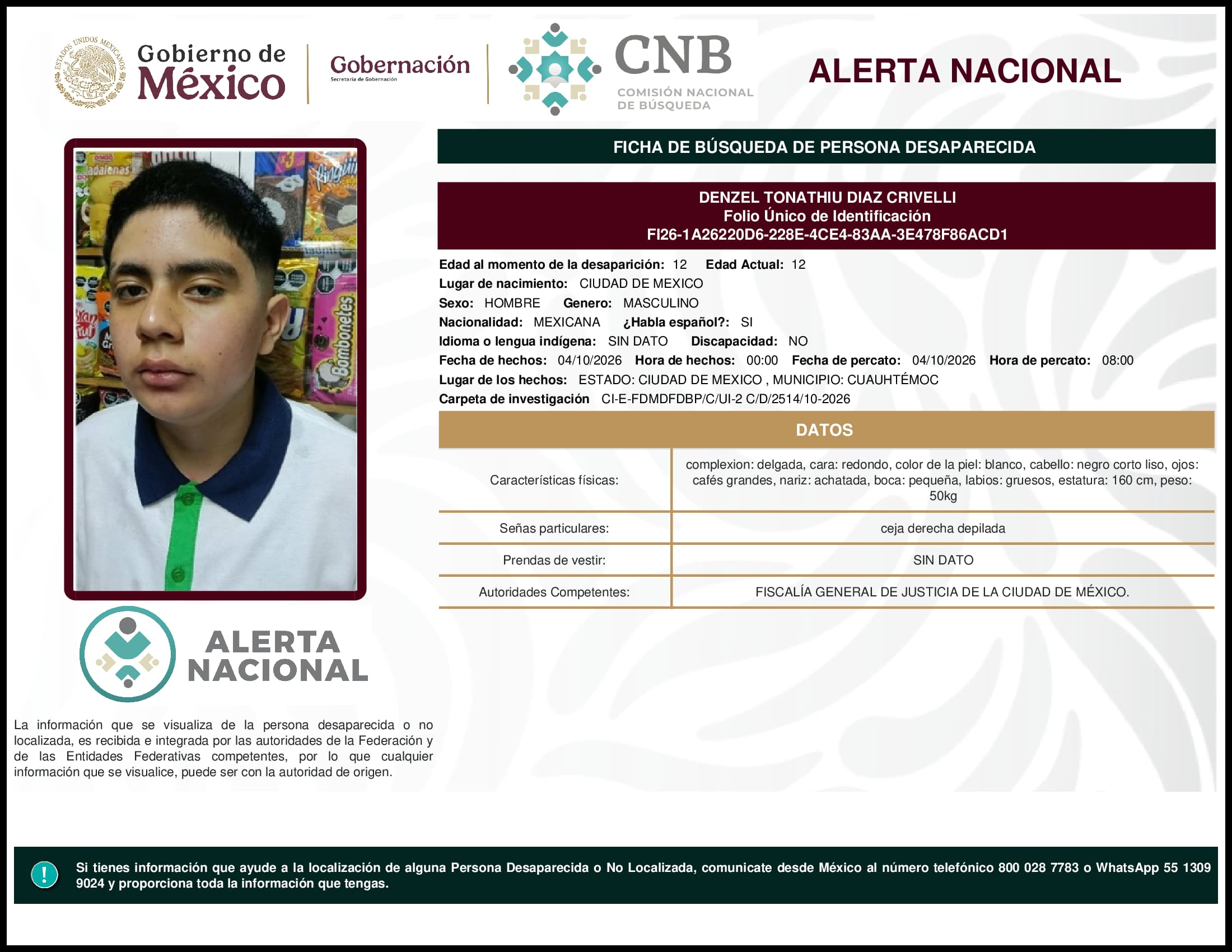Persona desaparecida Denzel Tonathiu Diaz Crivelli