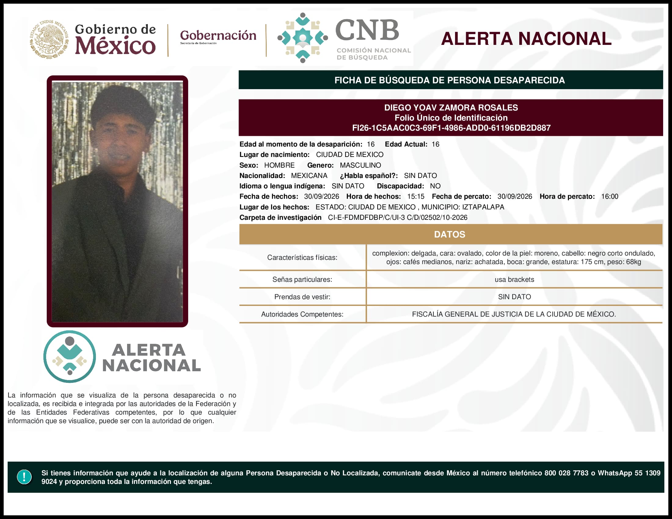Persona desaparecida Diego Yoav Zamora Rosales
