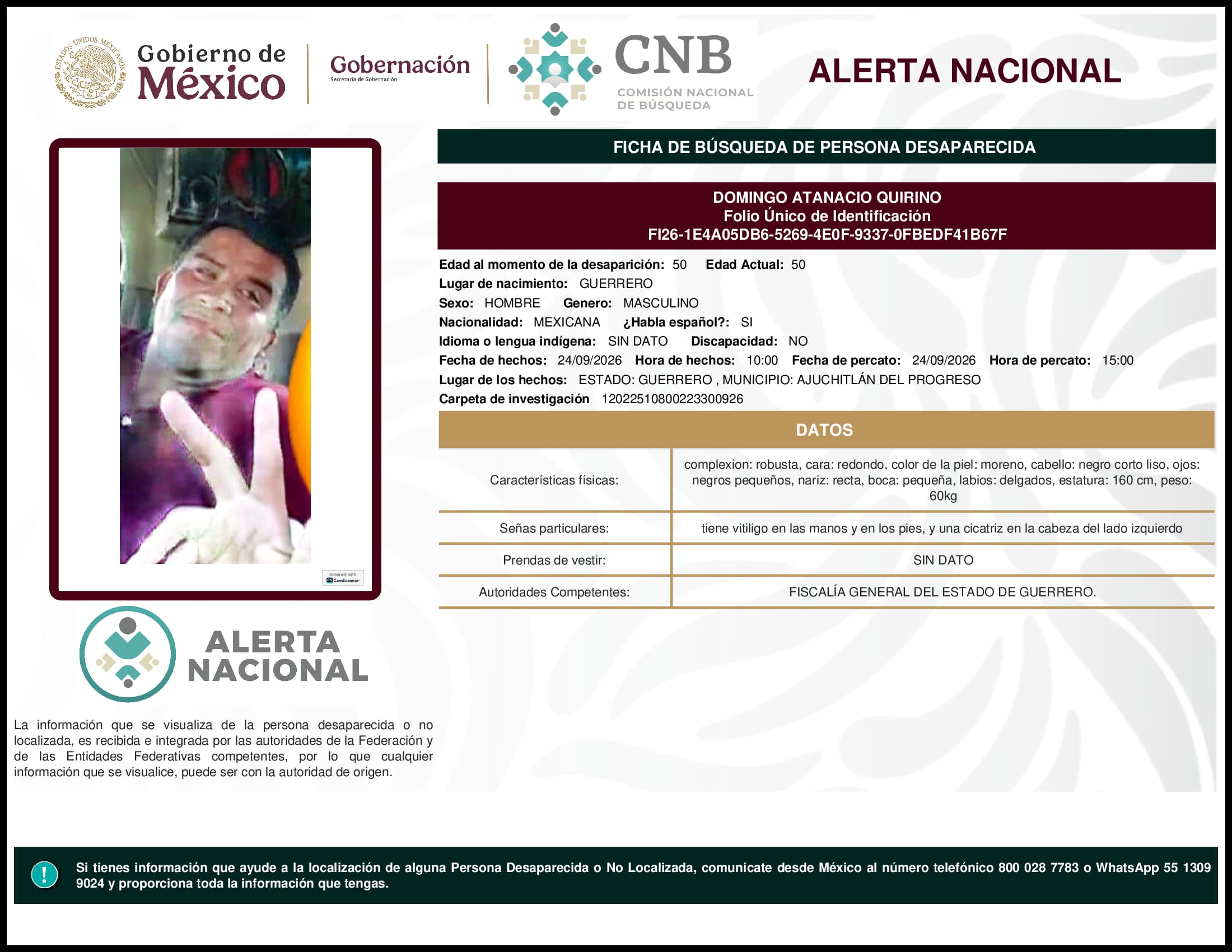 Persona desaparecida Domingo Atanacio Quirino