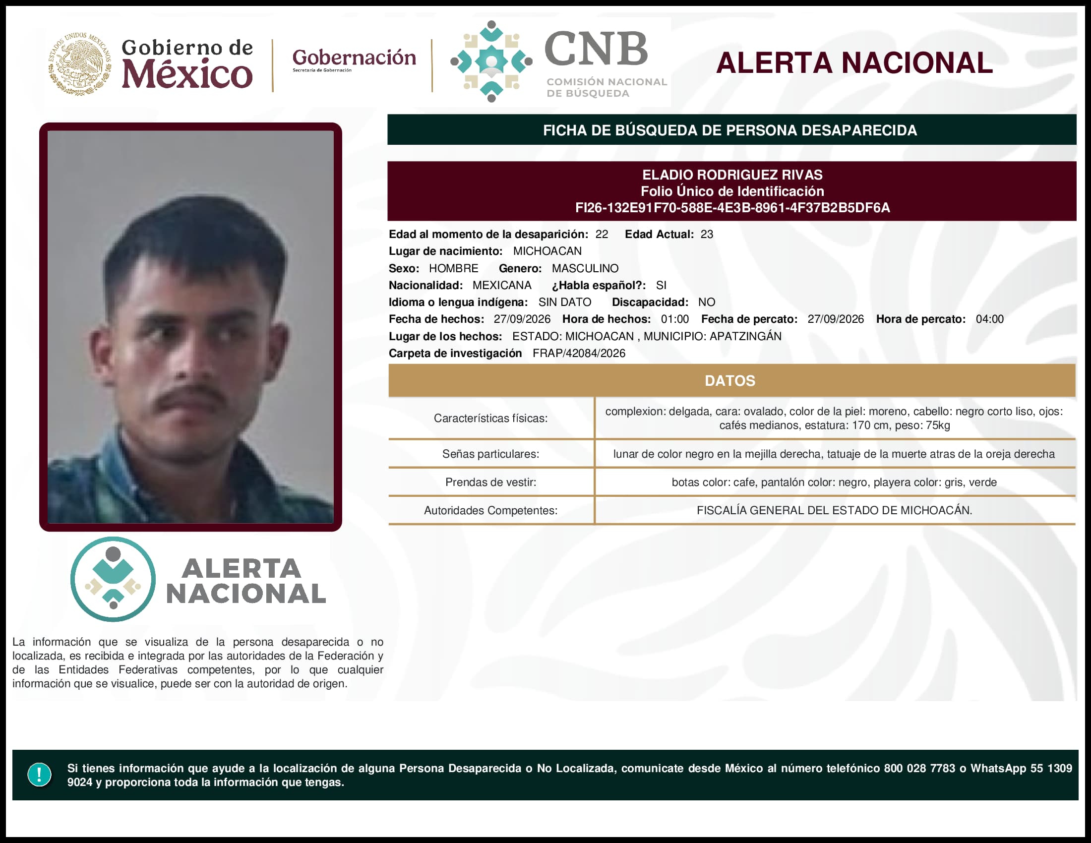 Persona desaparecida Eladio Rodriguez Rivas