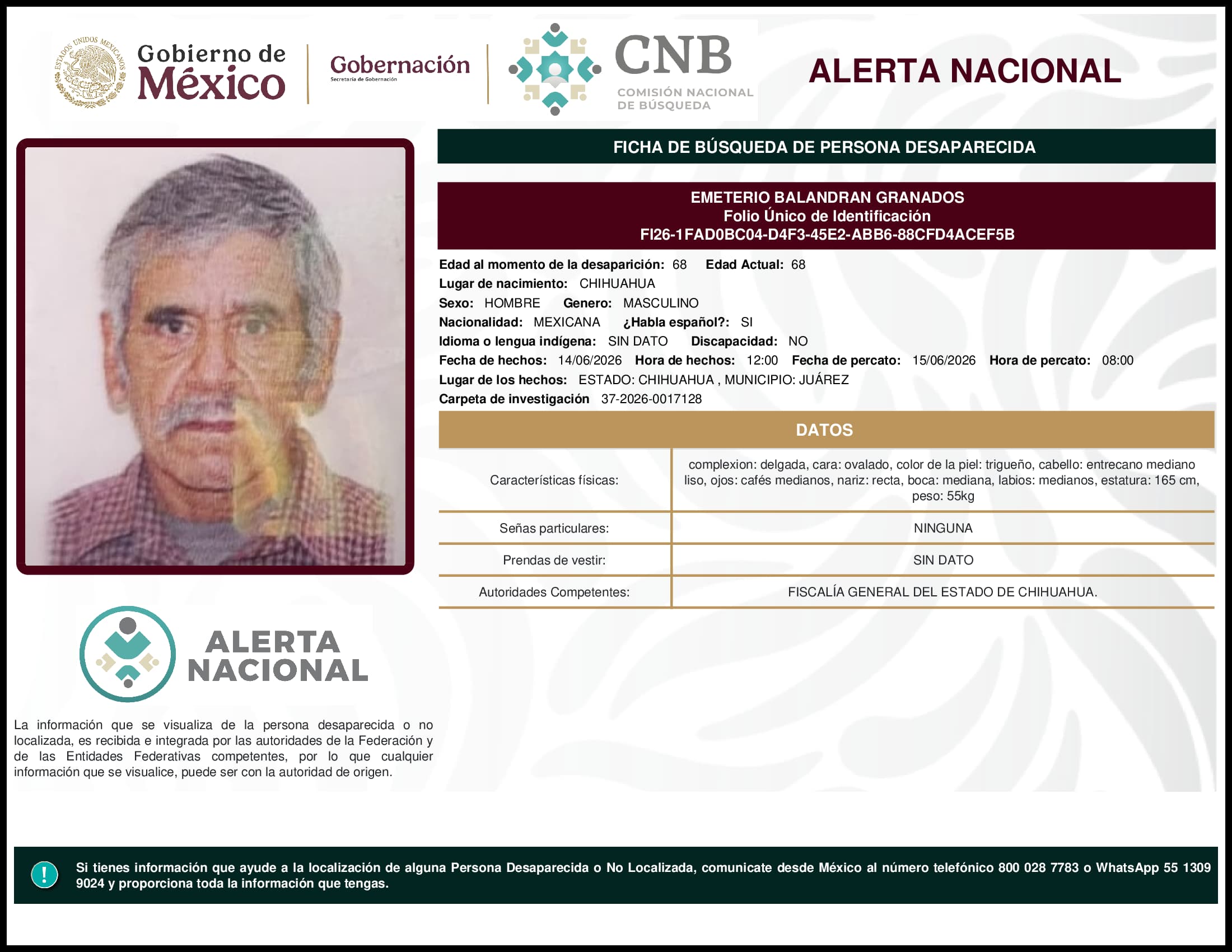 Persona desaparecida Emeterio Balandran Granados