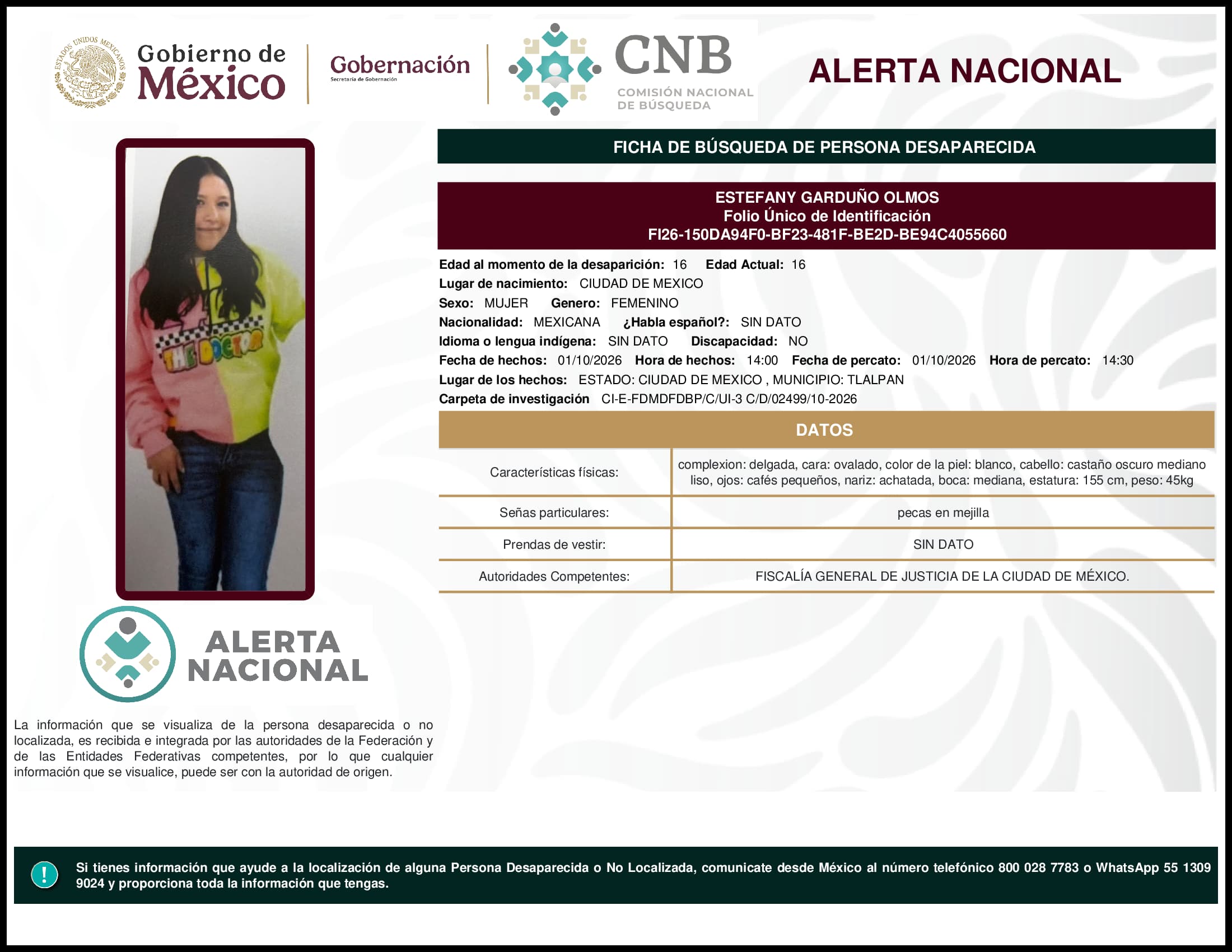 Persona desaparecida Estefany Garduno Olmos