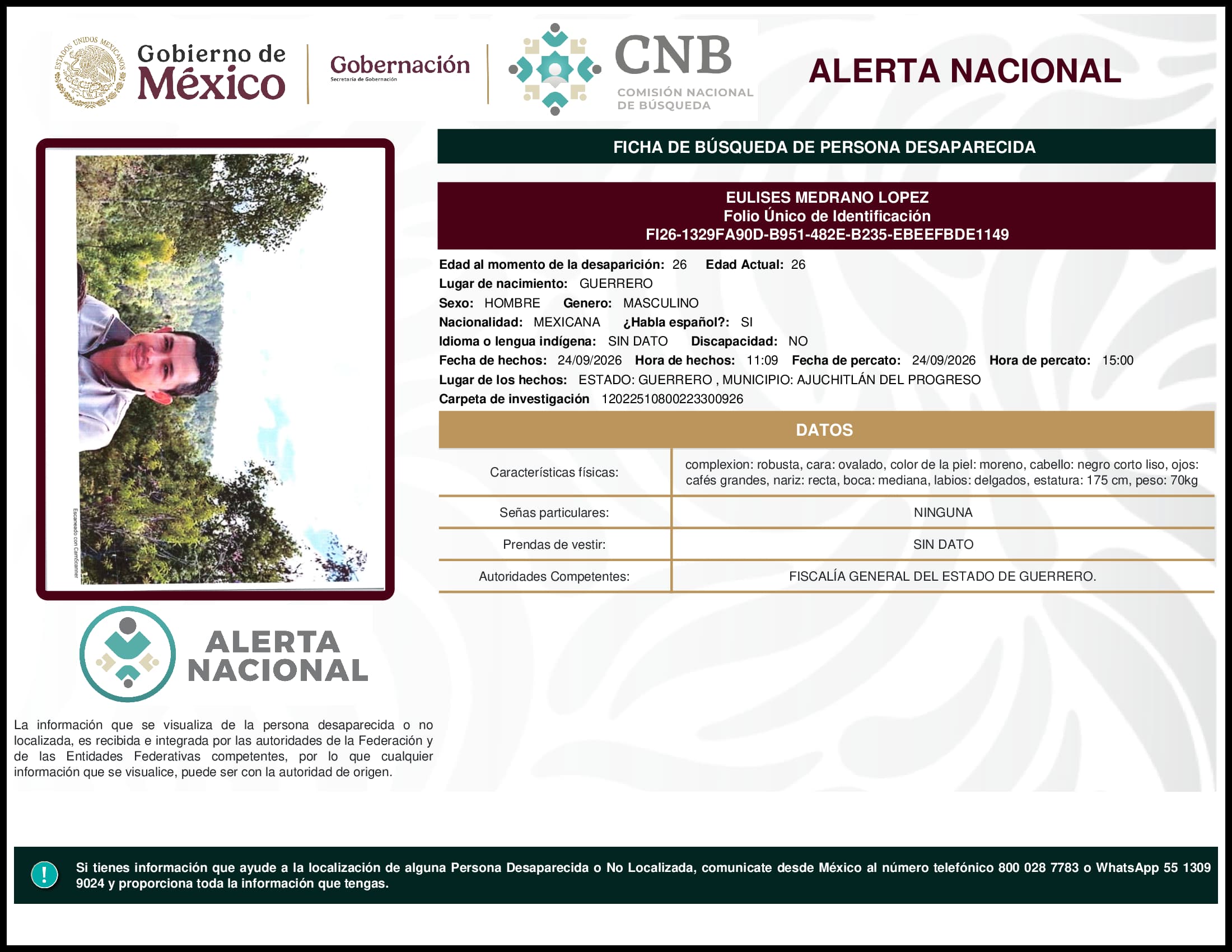 Persona desaparecida Eulises Medrano Lopez
