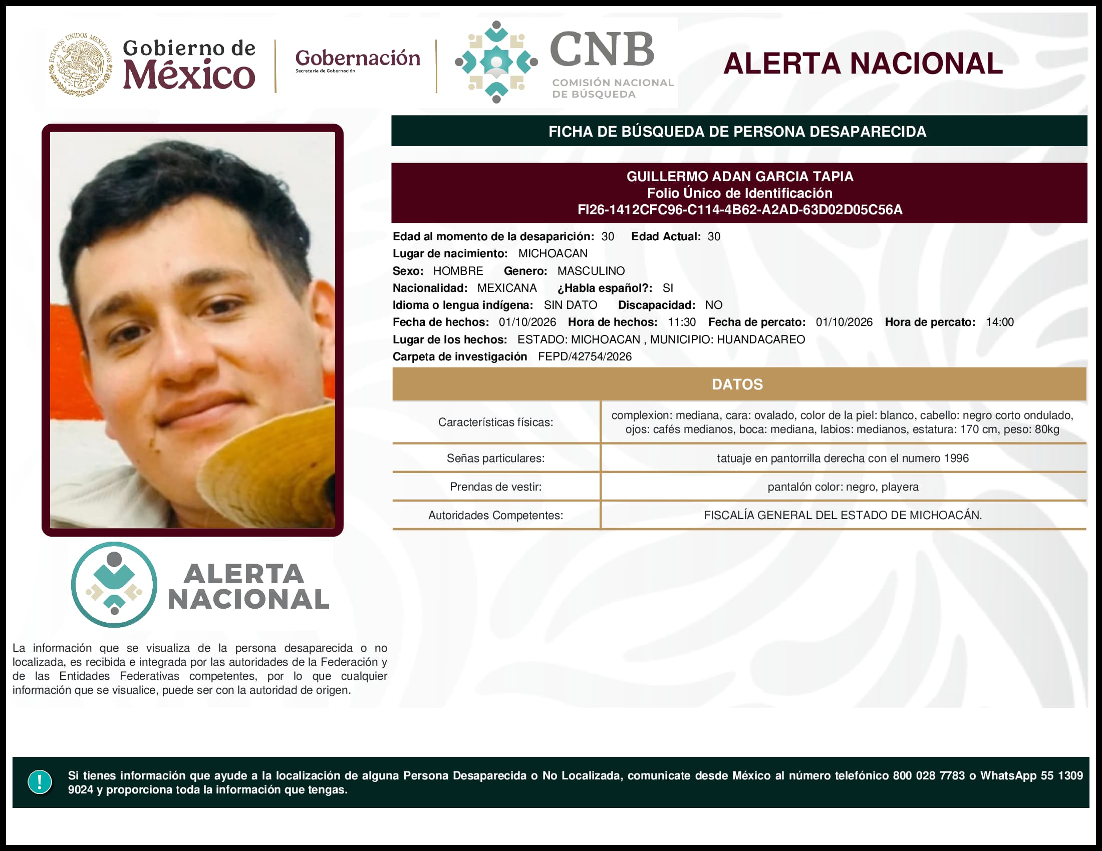 Persona desaparecida Guillermo Adan Garcia Tapia