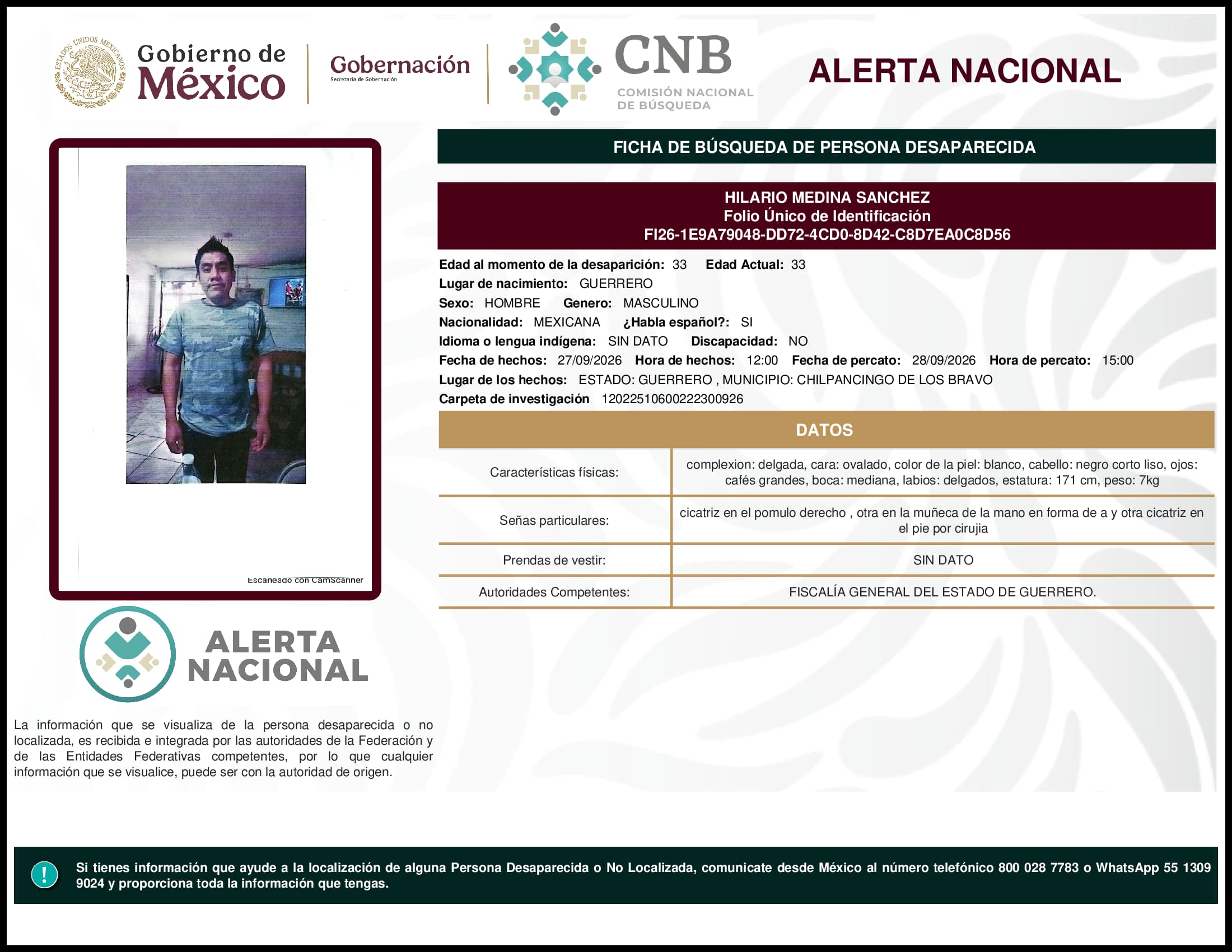 Persona desaparecida Hilario Medina Sanchez