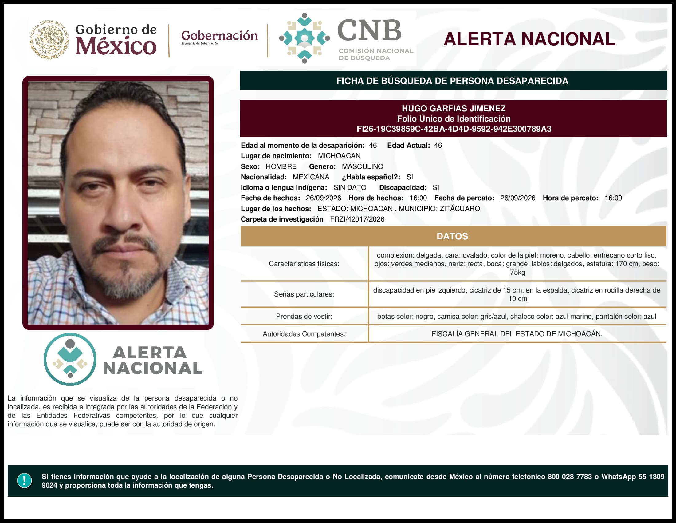 Persona desaparecida Hugo Garfias Jimenez