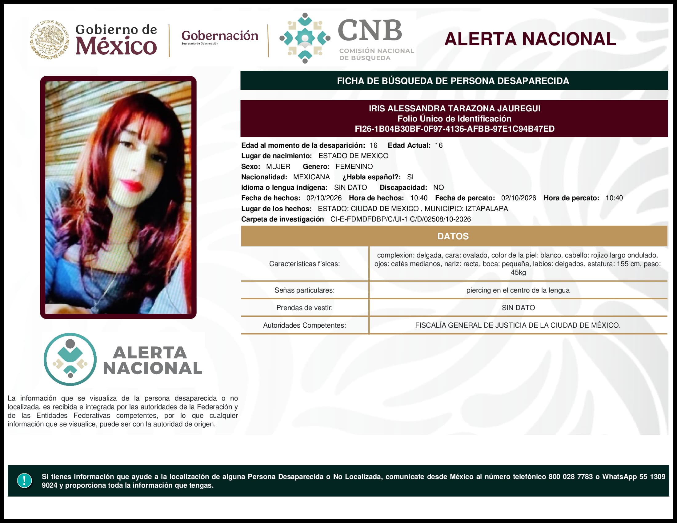 Persona desaparecida Iris Alessandra Tarazona Jauregui