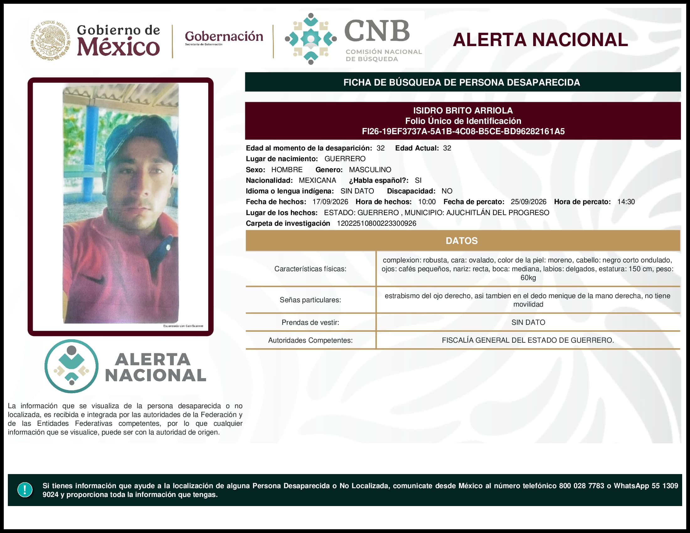 Persona desaparecida Isidro Brito Arriola