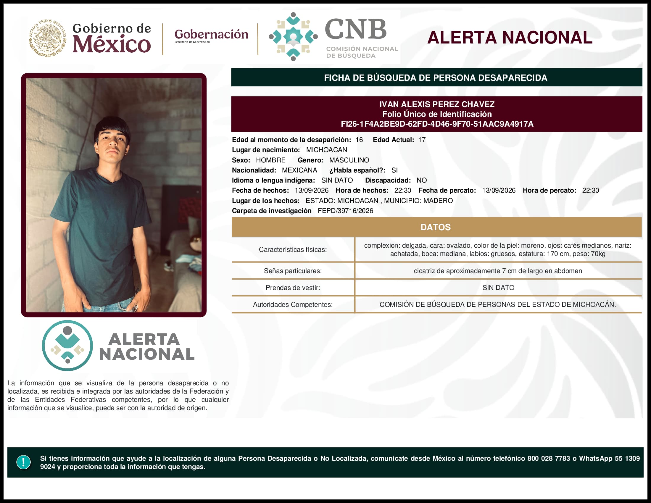 Persona desaparecida Ivan Alexis Perez Chavez