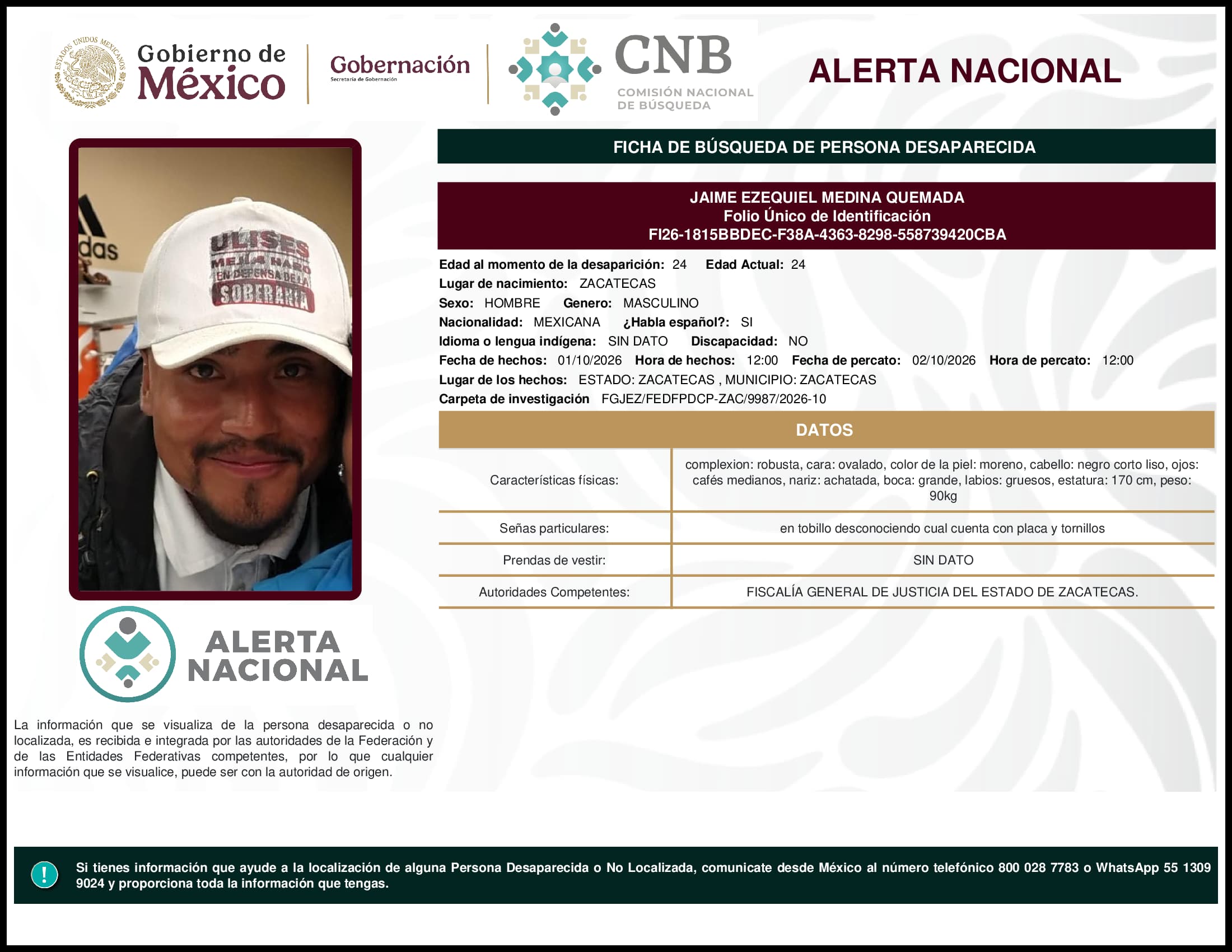 Persona desaparecida Jaime Ezequiel Medina Quemada