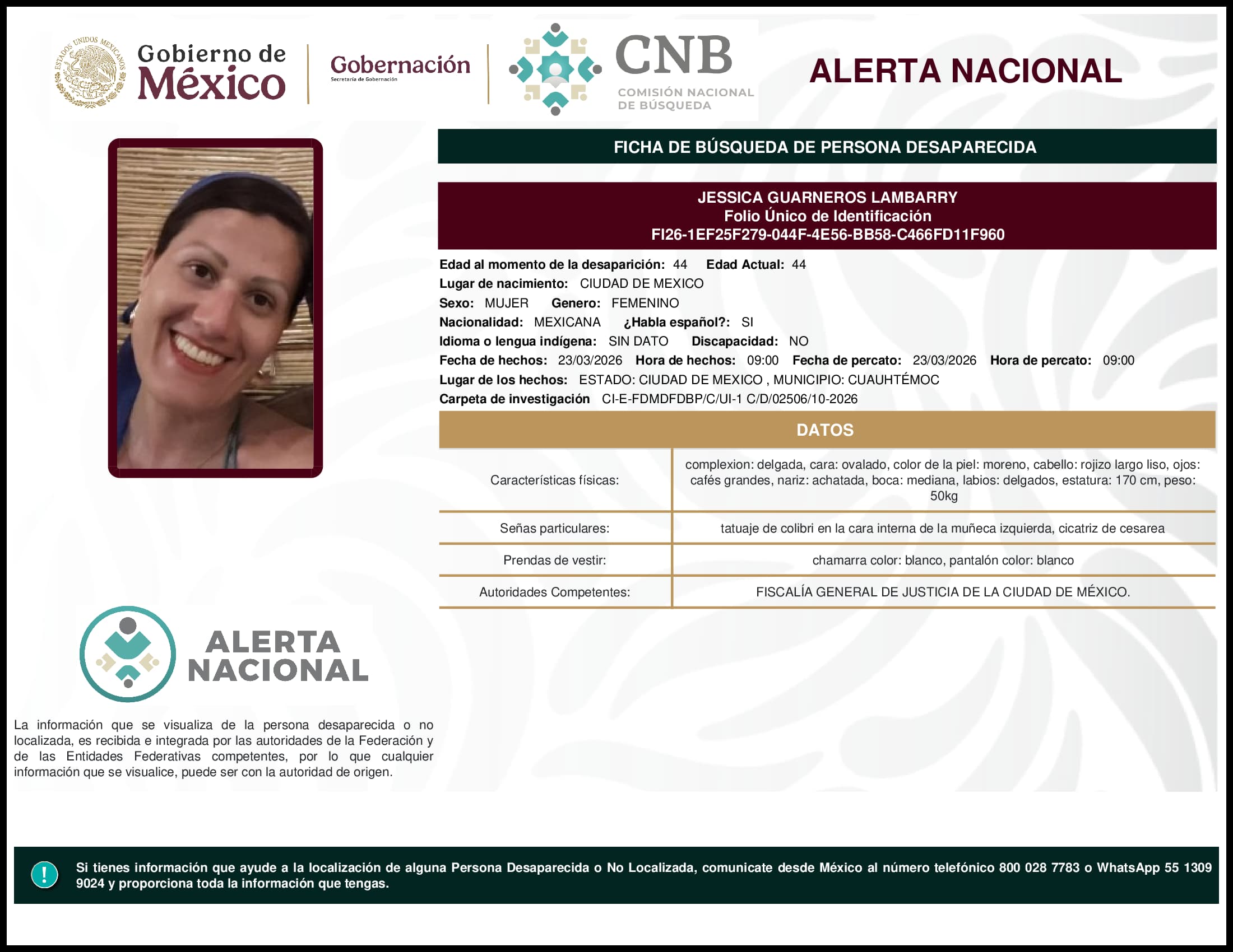 Persona desaparecida Jessica Guarneros Lambarry