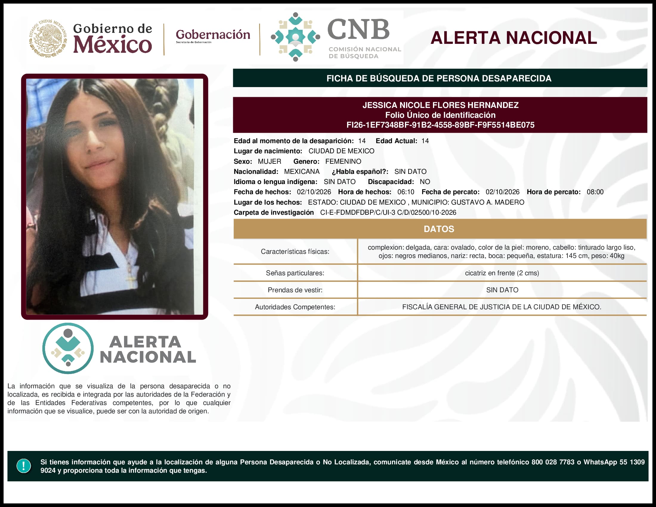 Persona desaparecida Jessica Nicole Flores Hernandez