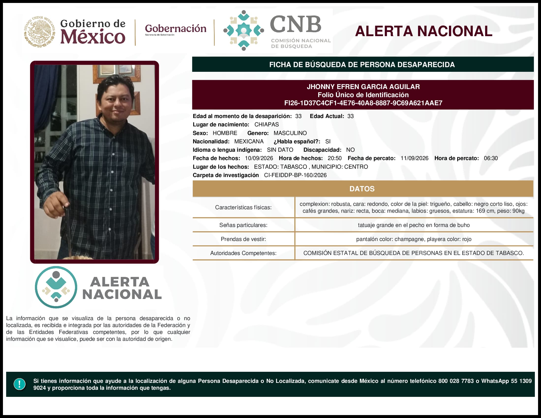 Persona desaparecida Jhonny Efren Garcia Aguilar