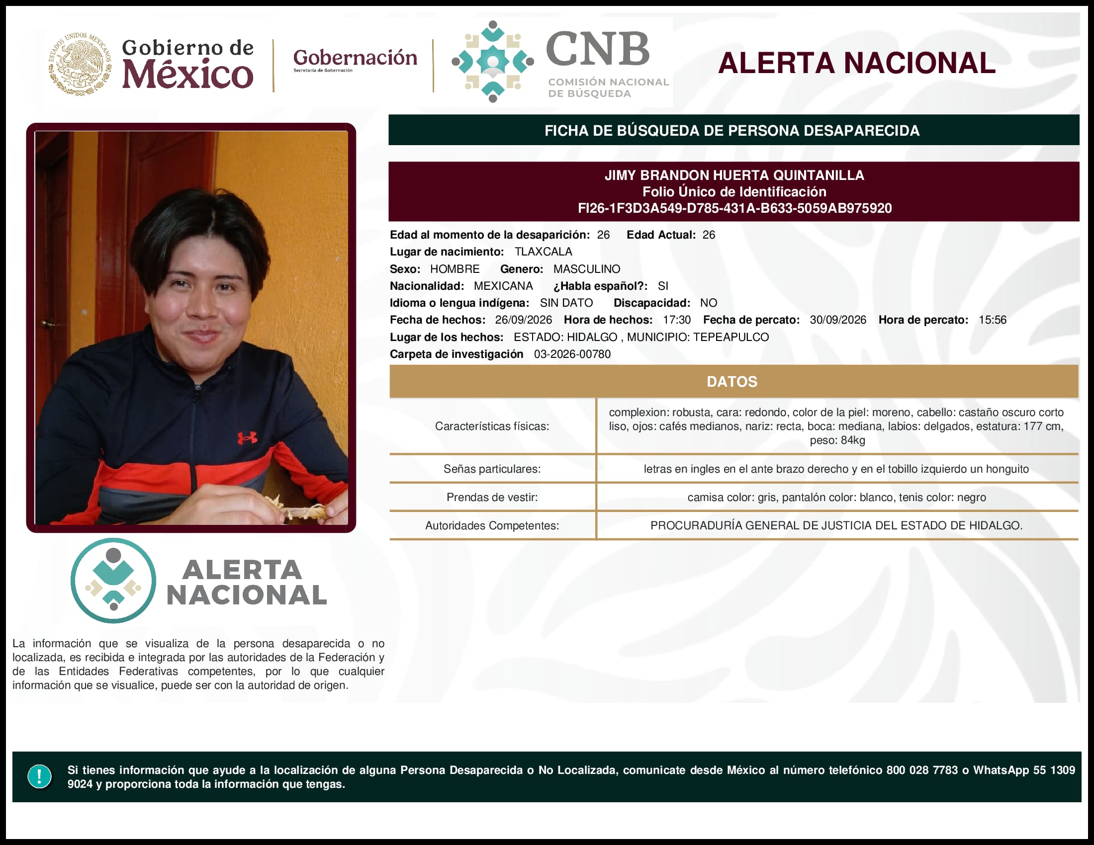 Persona desaparecida Jimy Brandon Huerta Quintanilla
