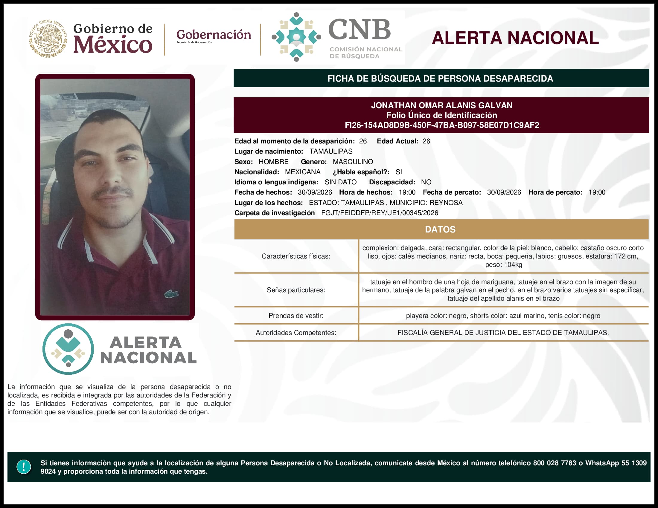 Persona desaparecida Jonathan Omar Alanis Galvan