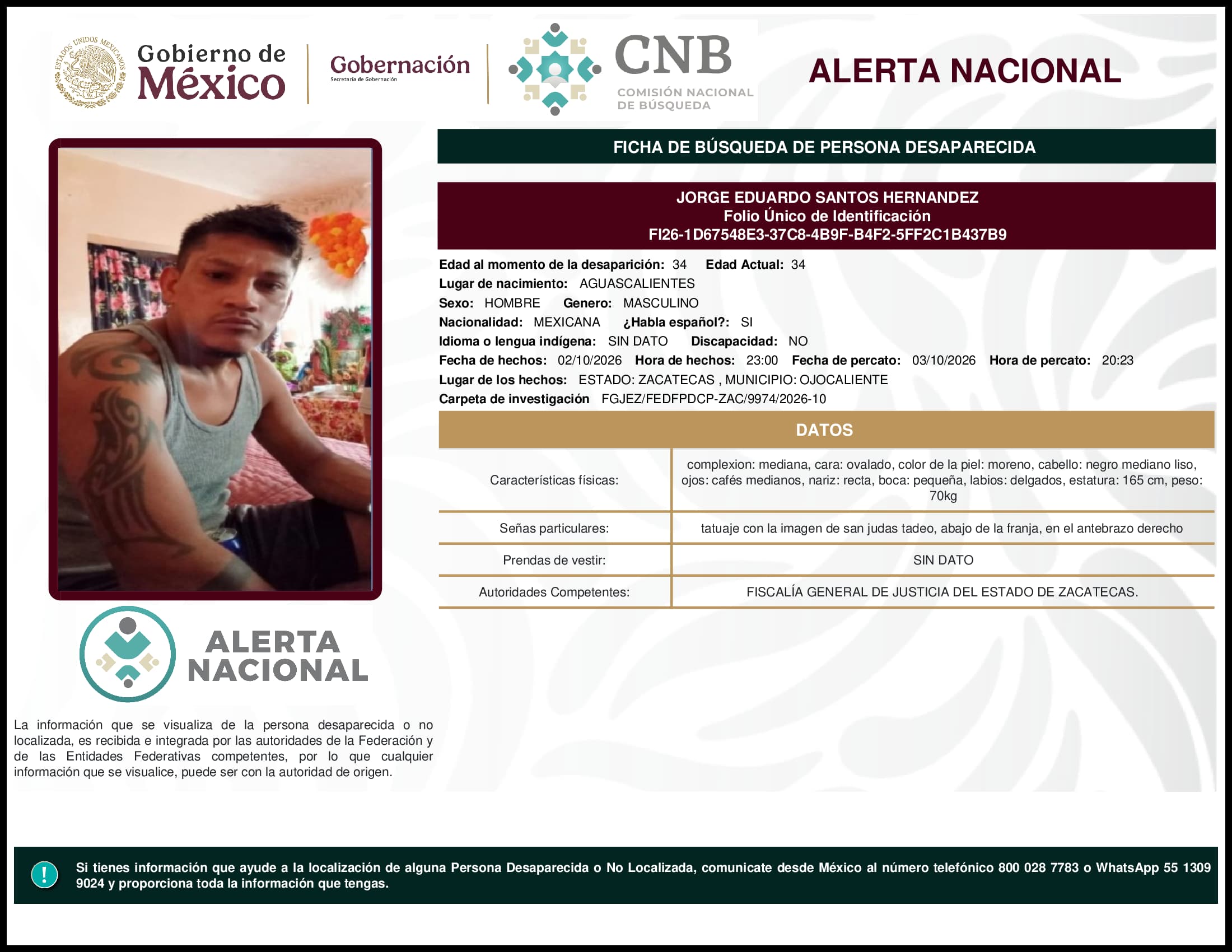 Persona desaparecida Jorge Eduardo Santos Hernandez