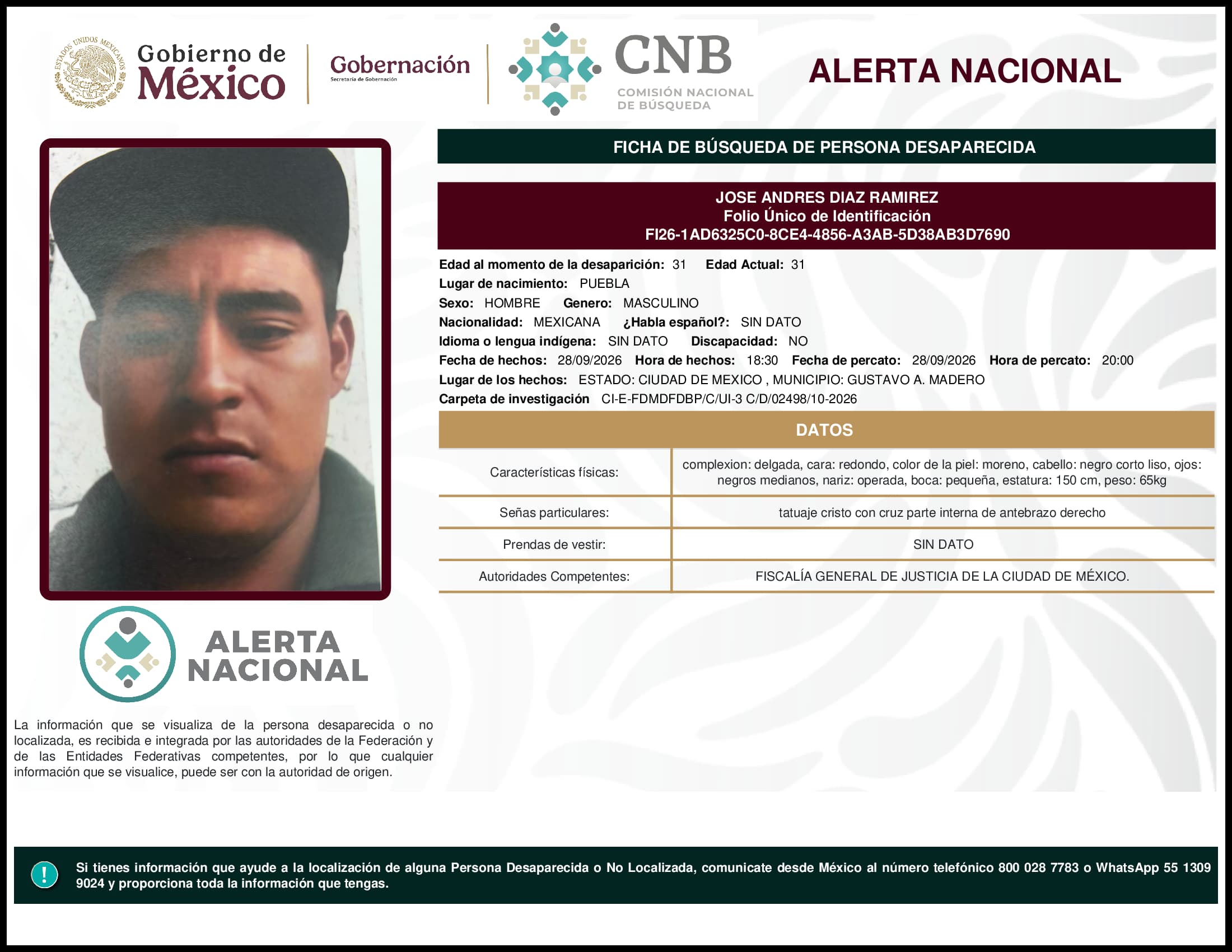 Persona desaparecida Jose Andres Diaz Ramirez
