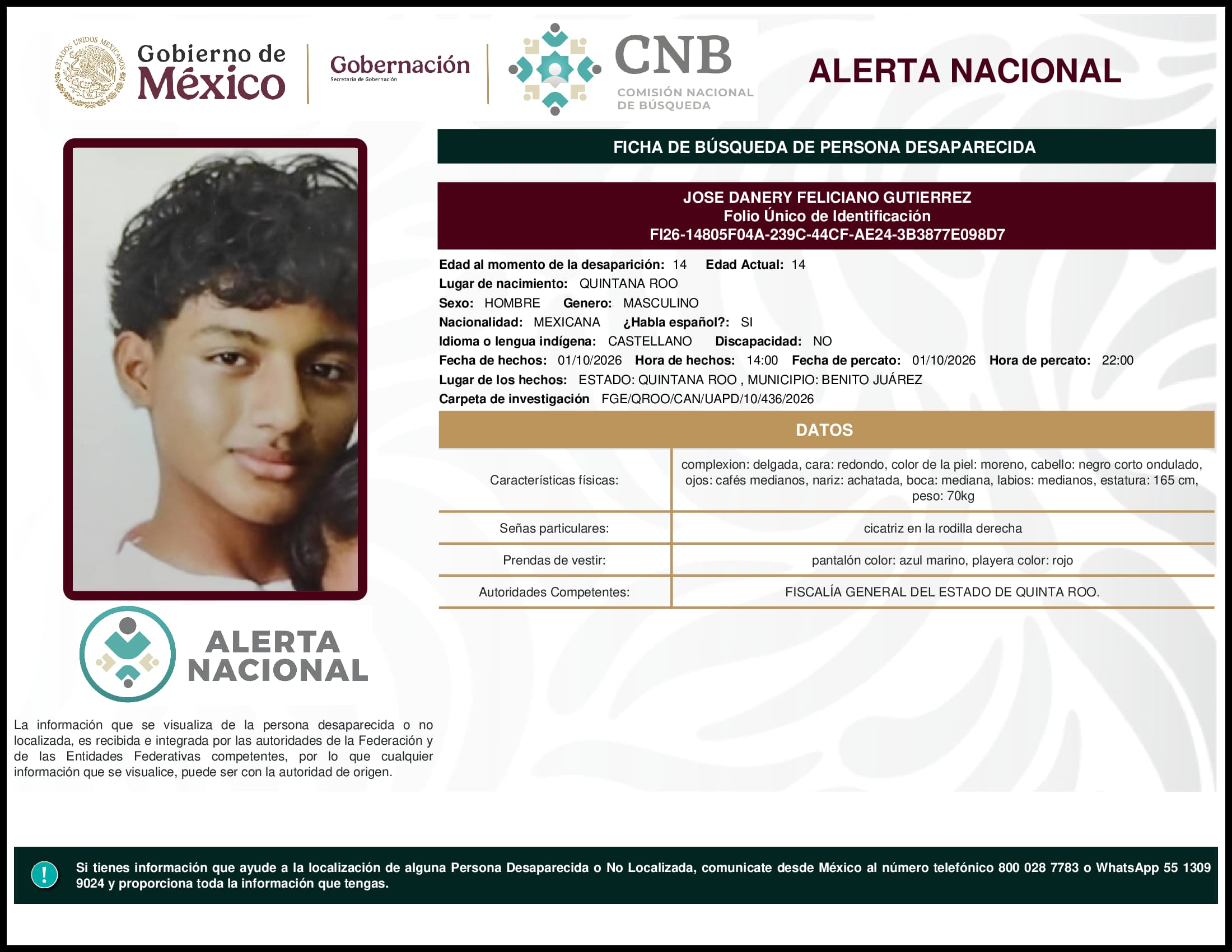 Persona desaparecida Jose Danery Feliciano Gutierrez
