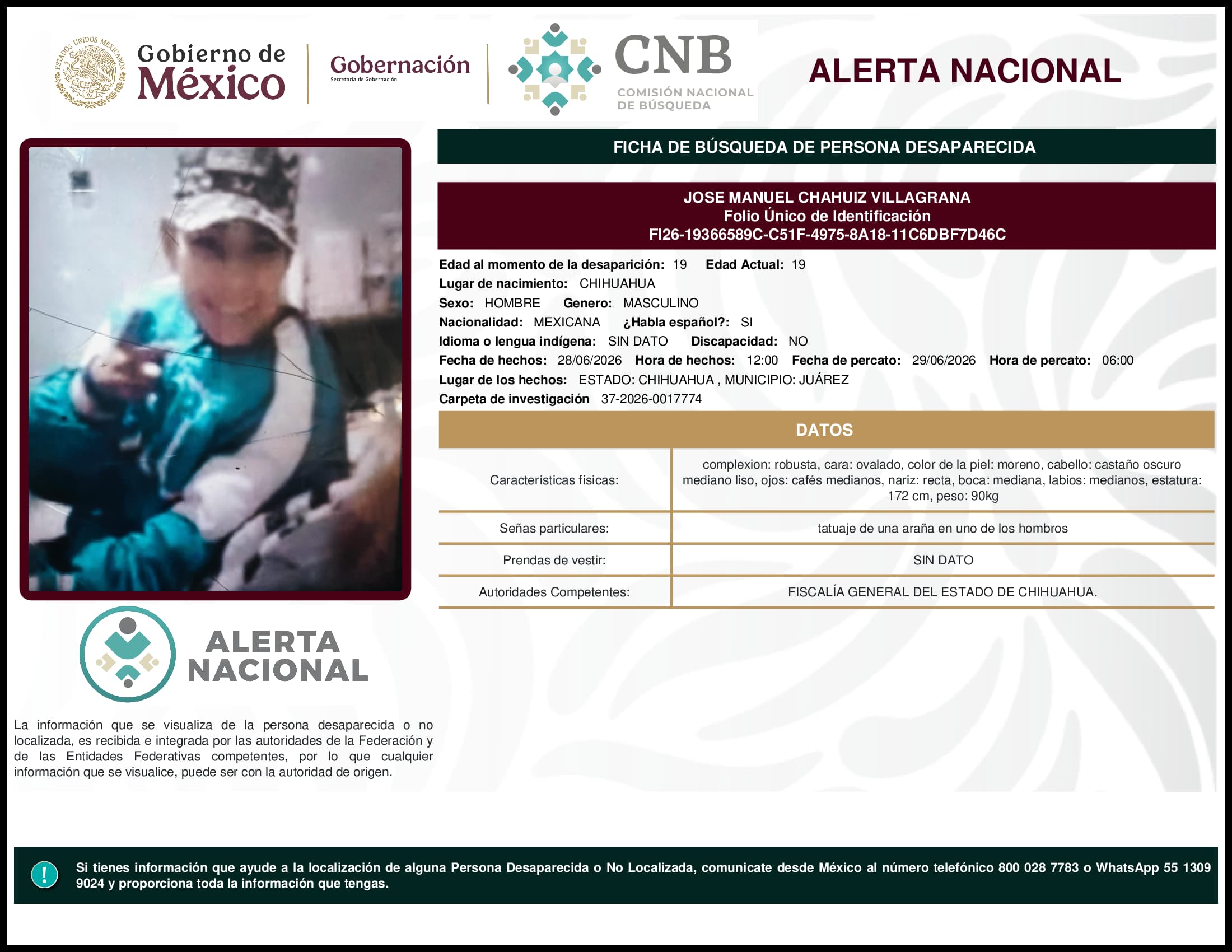 Persona desaparecida Jose Manuel Chahuiz Villagrana