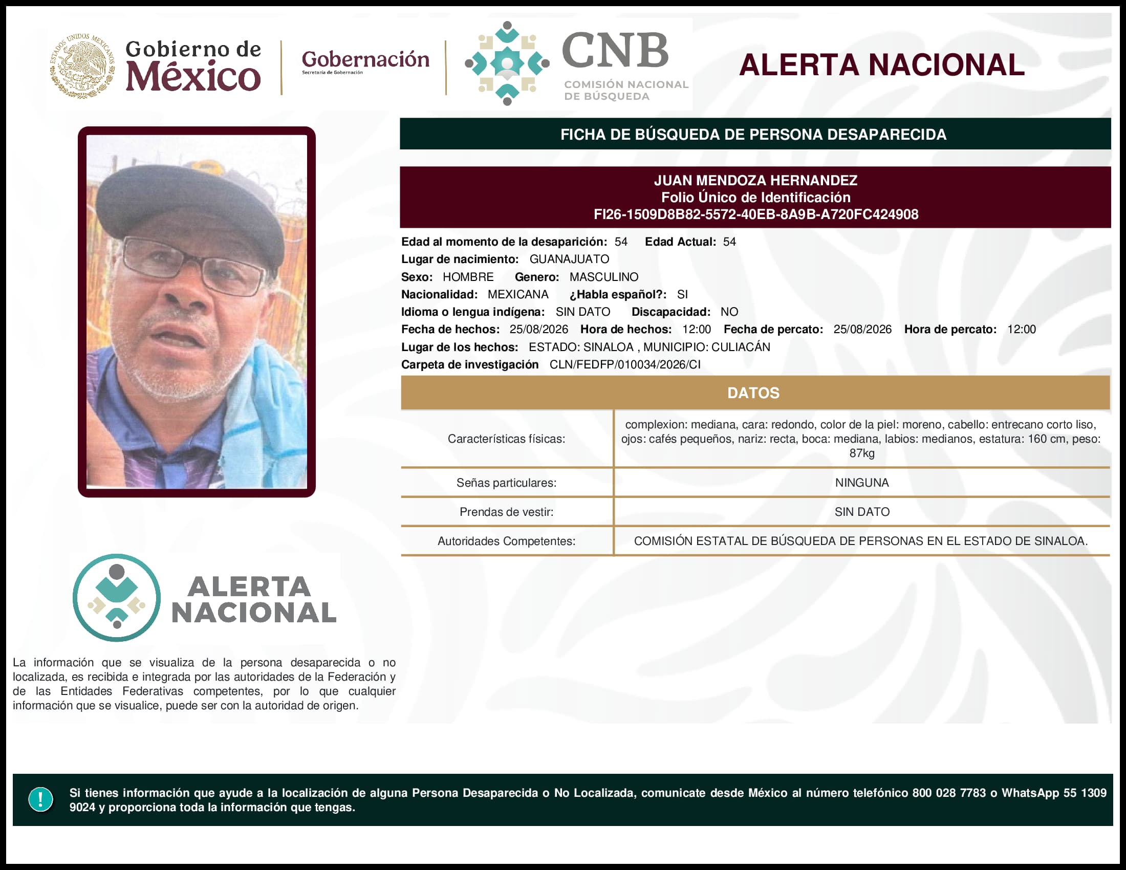 Persona desaparecida Juan Mendoza Hernandez